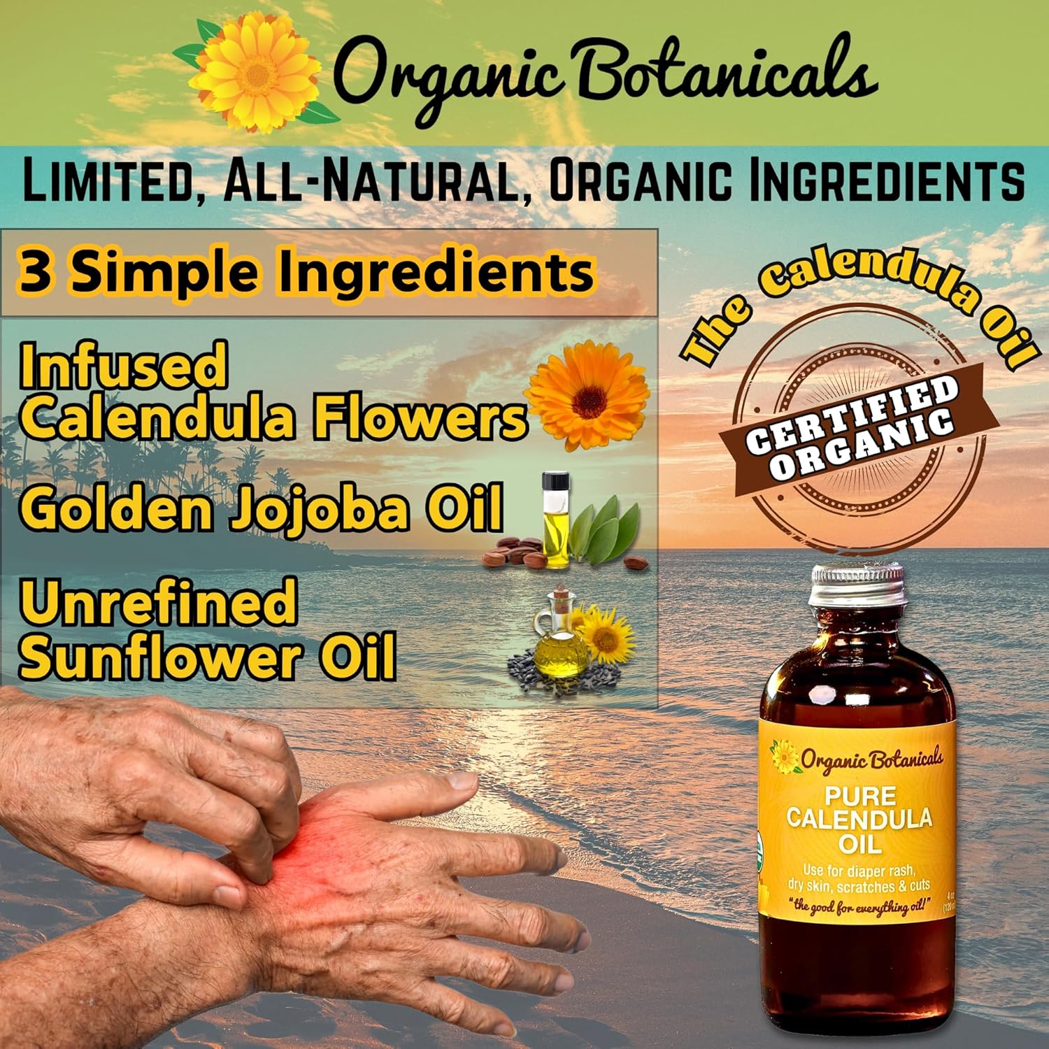 Calendula Oil Organic for Skin- Trauma Skincare from Local Infused Calendula Flowers, Eczema Oil, Certified Organic, 4 Oz
