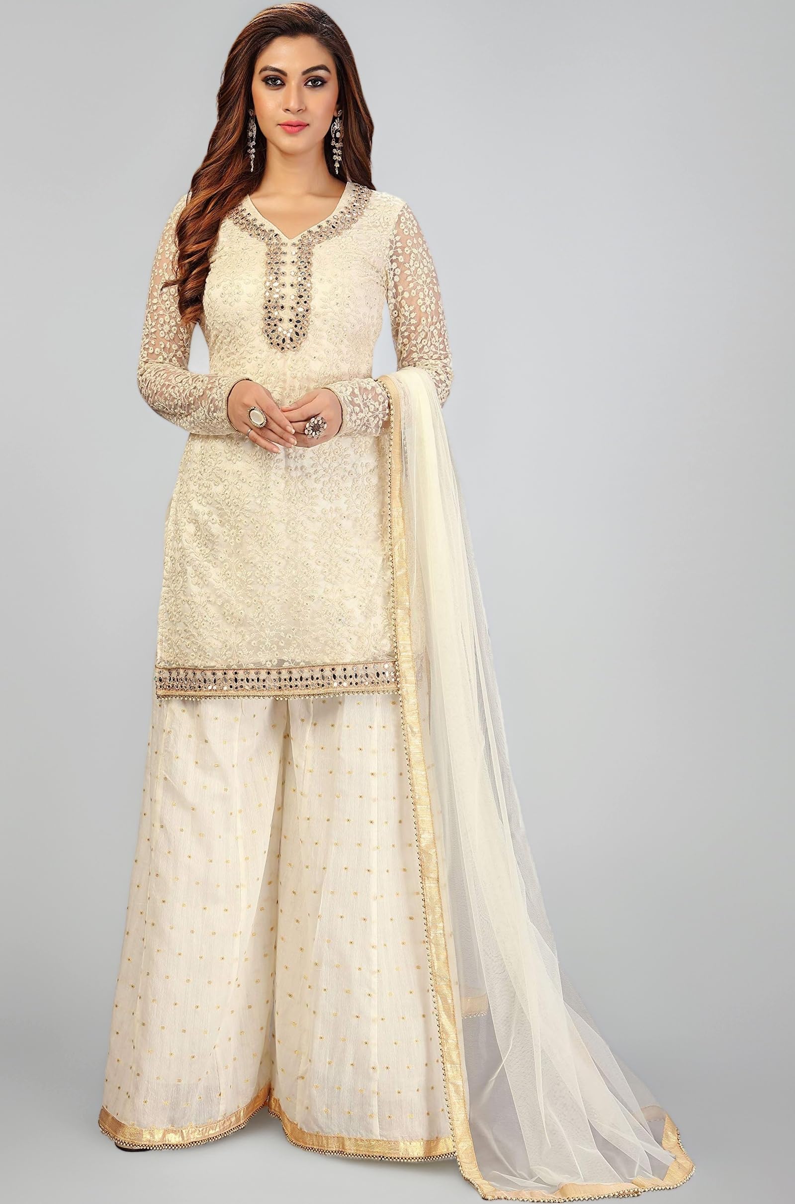 TRENDMALLS Women's Cotton Embroidery Salwar Suit Set Kurta Sharara with Dupatta Kurta Palazzo Set Stitched Ready To Wear