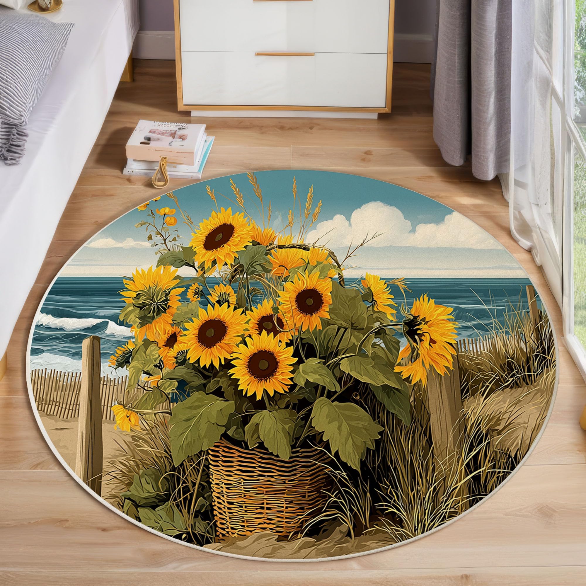 Tapis rond tournesols 160 cm lavable et antidérapant marron pour salon et chambre