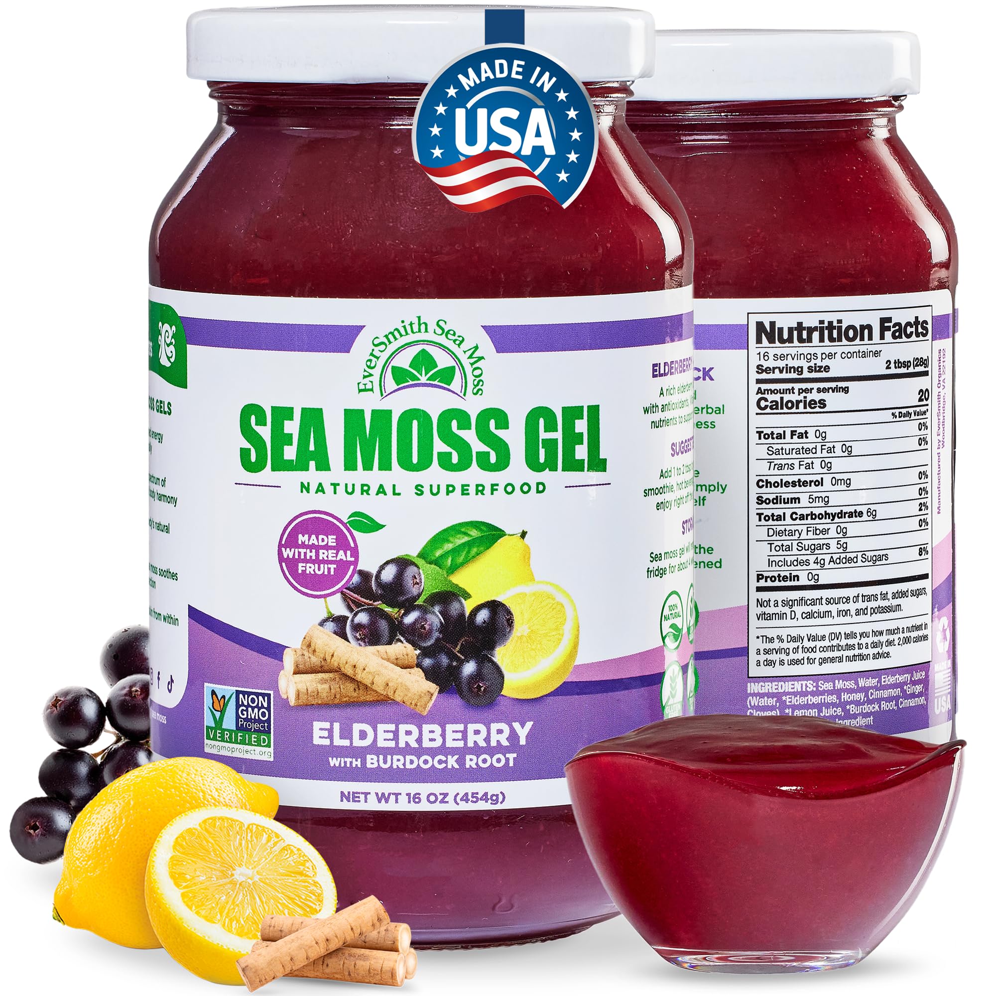 Wildcrafted Irish Sea Moss Gel | Made in USA | Rich in Vitamins & Minerals | Sea Moss Gel Raw | Nutritional Supplement | Elderberry (16 oz)