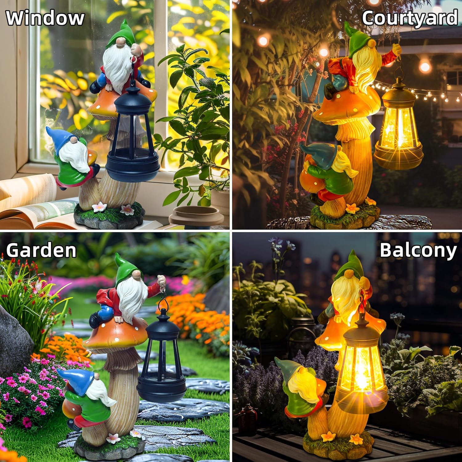 YUETJIN Funny Garden Gnomes Outdoor Climbing on Mushroom with Holding a Solar LED Lantern Resin Mushroom Statue for Patio Yard Lawn Porch Decor