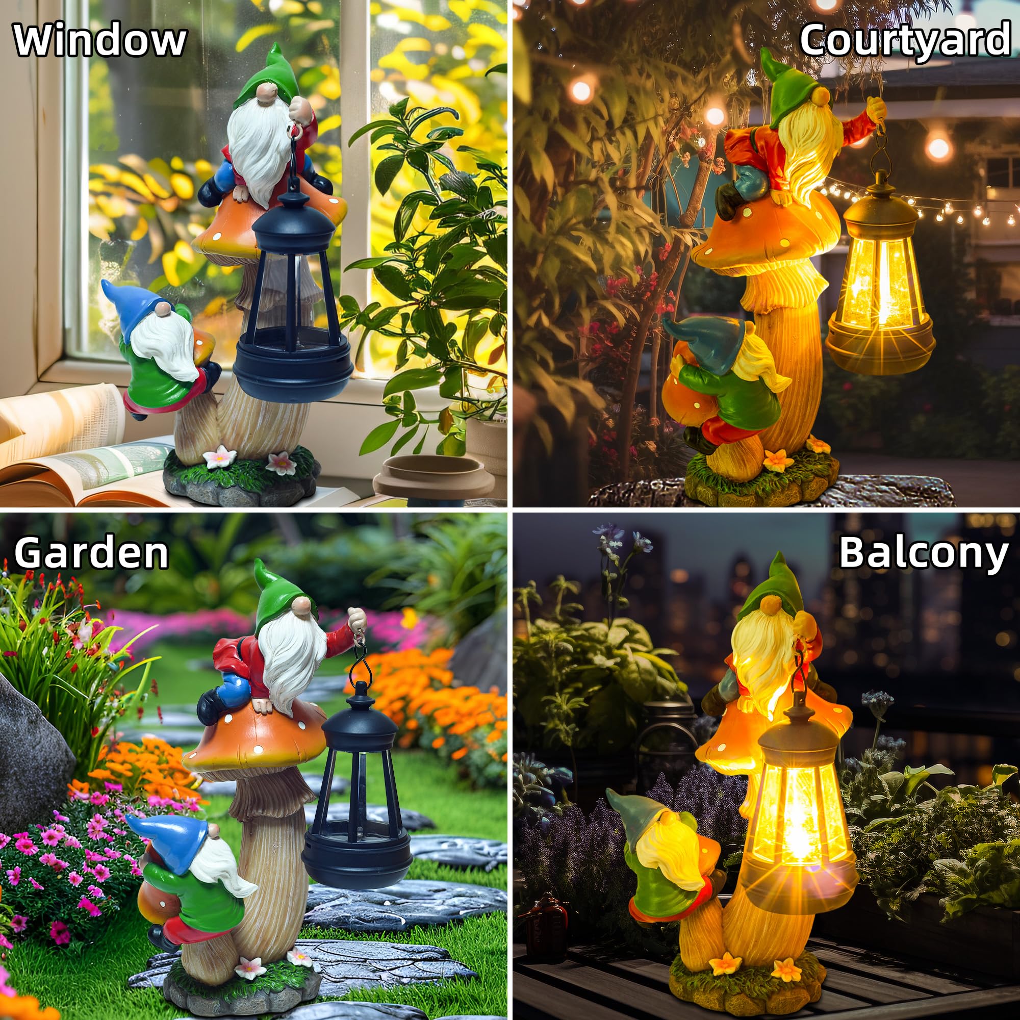 YUETJIN Divertente gnomo da giardino che si arrampica su fungo con una lanterna LED solare in resina a forma di fungo statua per patio, cortile, prato, portico, decorazione