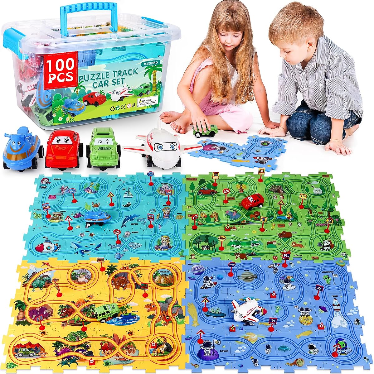 VESPRO 100PCS Car Track Set - 4 Series Puzzle Racer Play Set, Educational Toys for Boys and Girls Ages 3+