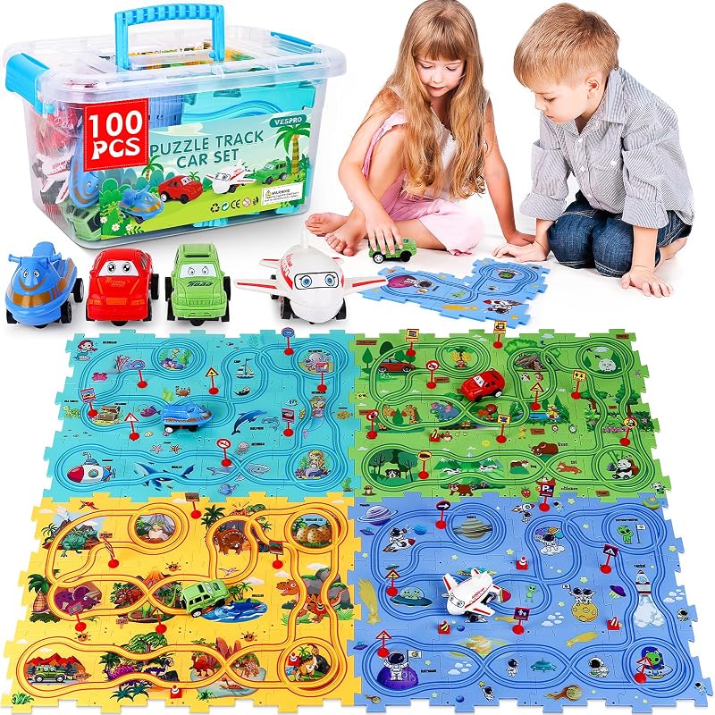 VESPRO 100PCS Car Track Set - 4 Series Puzzle Racer Play Set, Educational Toys for Boys and Girls Ages 3+