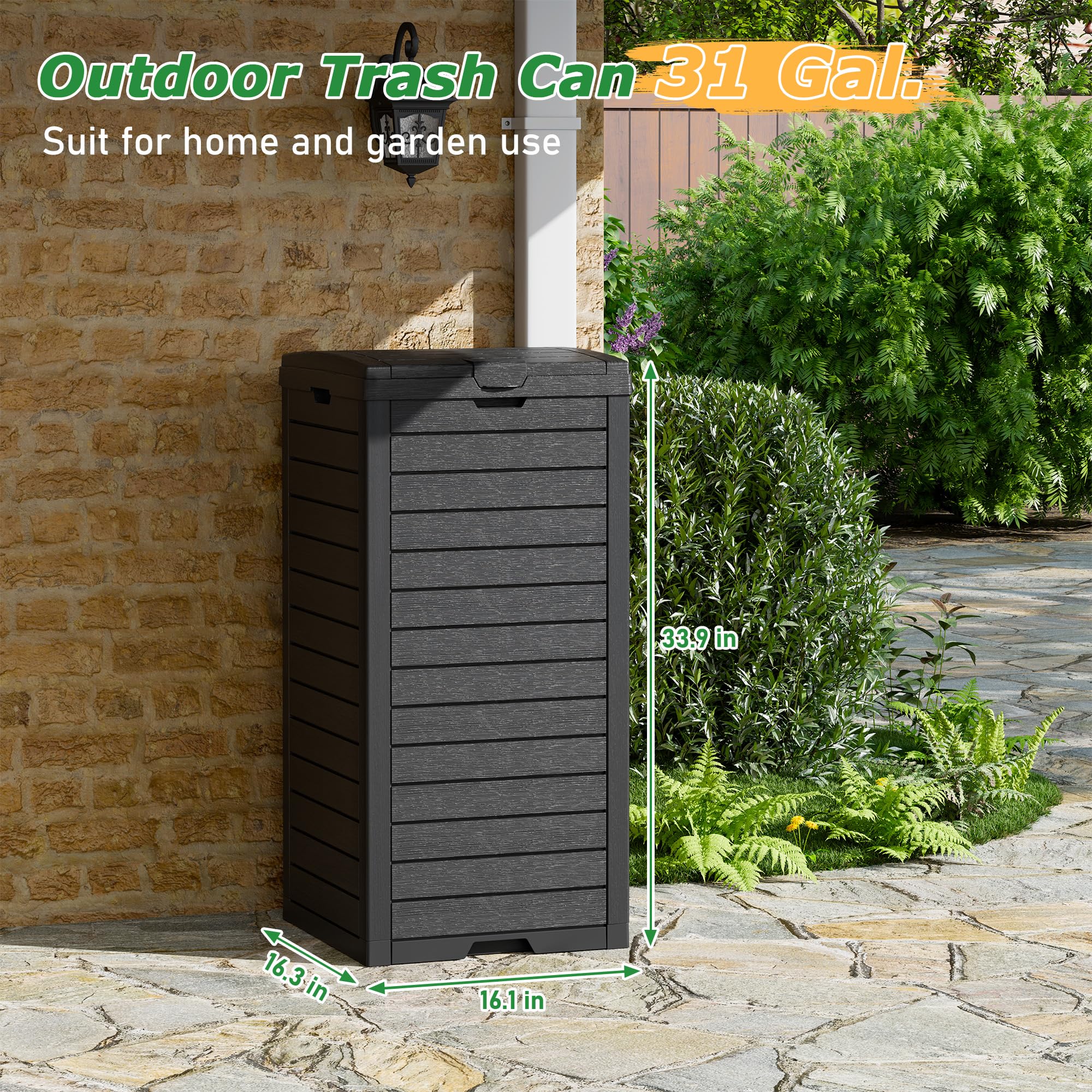 NUNU LAB 31 Gal Outdoor Trash Can with Lid - Heavy Duty Waterproof Resin, Removable Drip Tray, Fits 33-40 Gallon Bags - Large Garbage Bin for Patio, Backyard, Deck