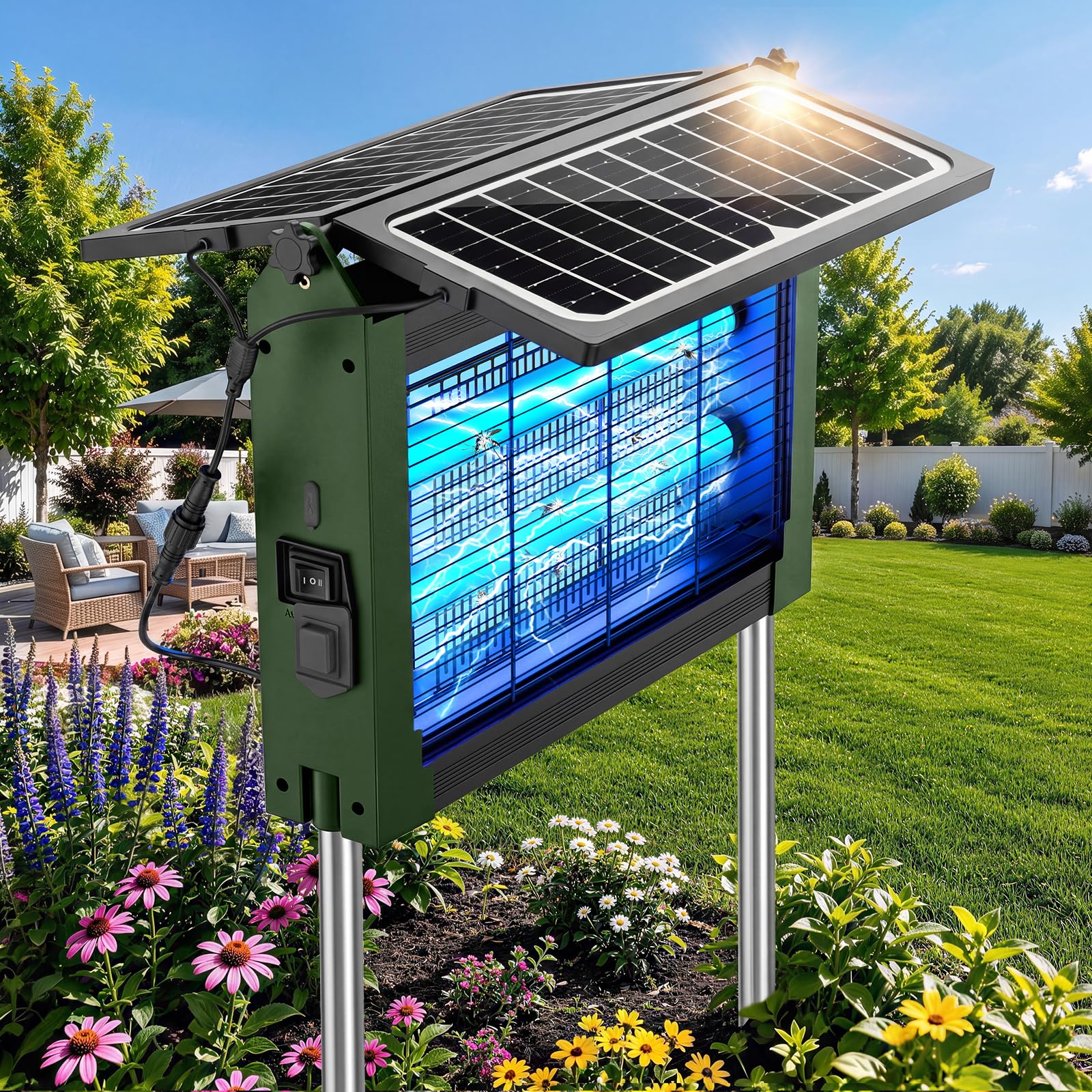 Zapper solare aggiornato per insetti da esterno con doppio pannello, 4500 V, ricaricabile senza fili, impermeabile, per zanzare, per patio, giardino, cortile, camper, campeggio stagno