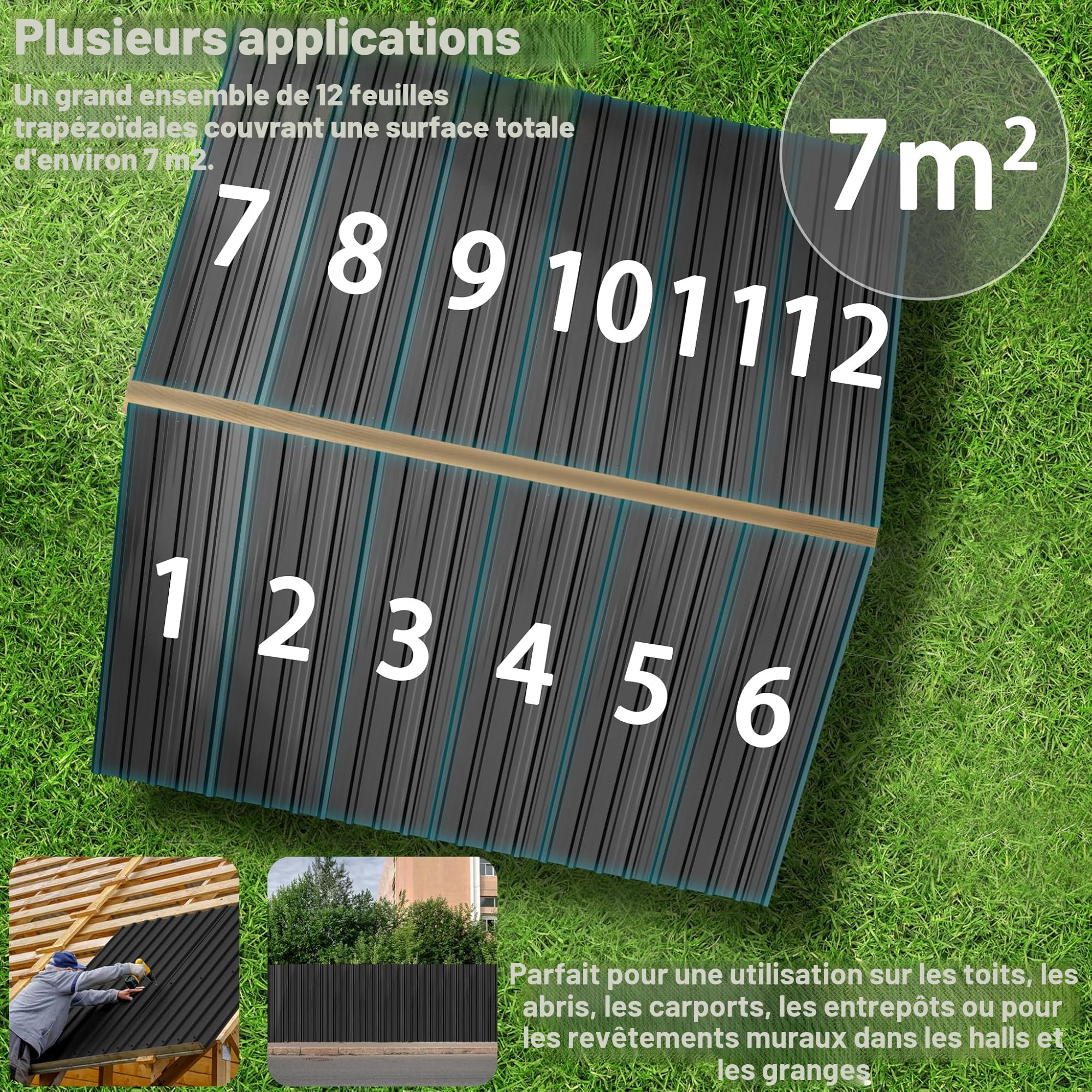 LZQ 12 pièces de tôle ondulée trapézoïdale 129,5x45 cm, 7 m² Tôles ondulées galvanisées en acier, tôle profilée pour abris de jardin, carport, Noir