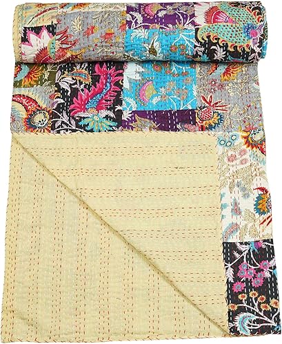 Vista 79 de Marubhumi Edredón tradicional indio de algodón puro, estampado de cachemira, colcha Kantha multicolor (multicolor-22, individual (60 x 90 pulgadas)