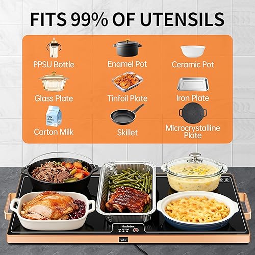 Miniatura 5 de Tapete de calentamiento de alimentos (XL 24 x 16 pulgadas), calentadores de alimentos para fiestas, bufé y uso diario, superficie completa, cálida