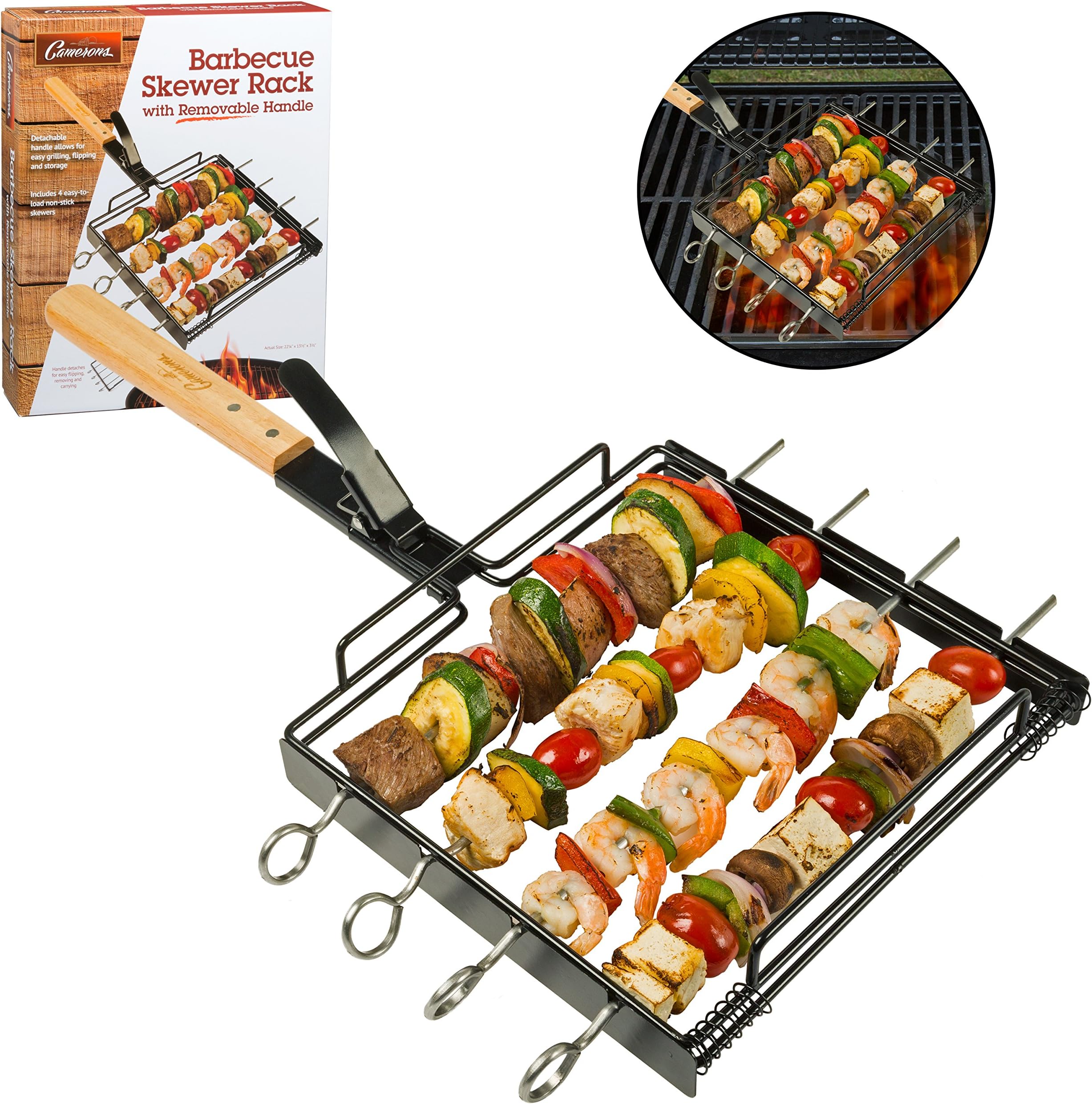 Barbecue Skewer Rack Set w Remoable Handle- Non-stick Stainless Steel Skewers- BBQ Shish Kebabs, Meat, eggies