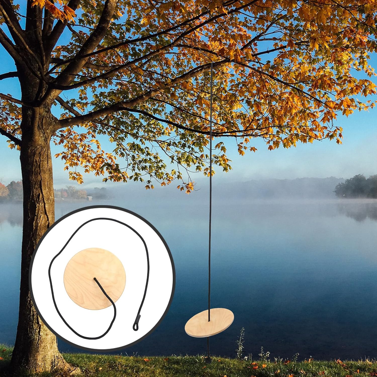 Wooden Disc Swing for High-Strength Load-Bearing Thickened Outdoor Round Seat with Heavy Duty Braided Rope for Backyard Play