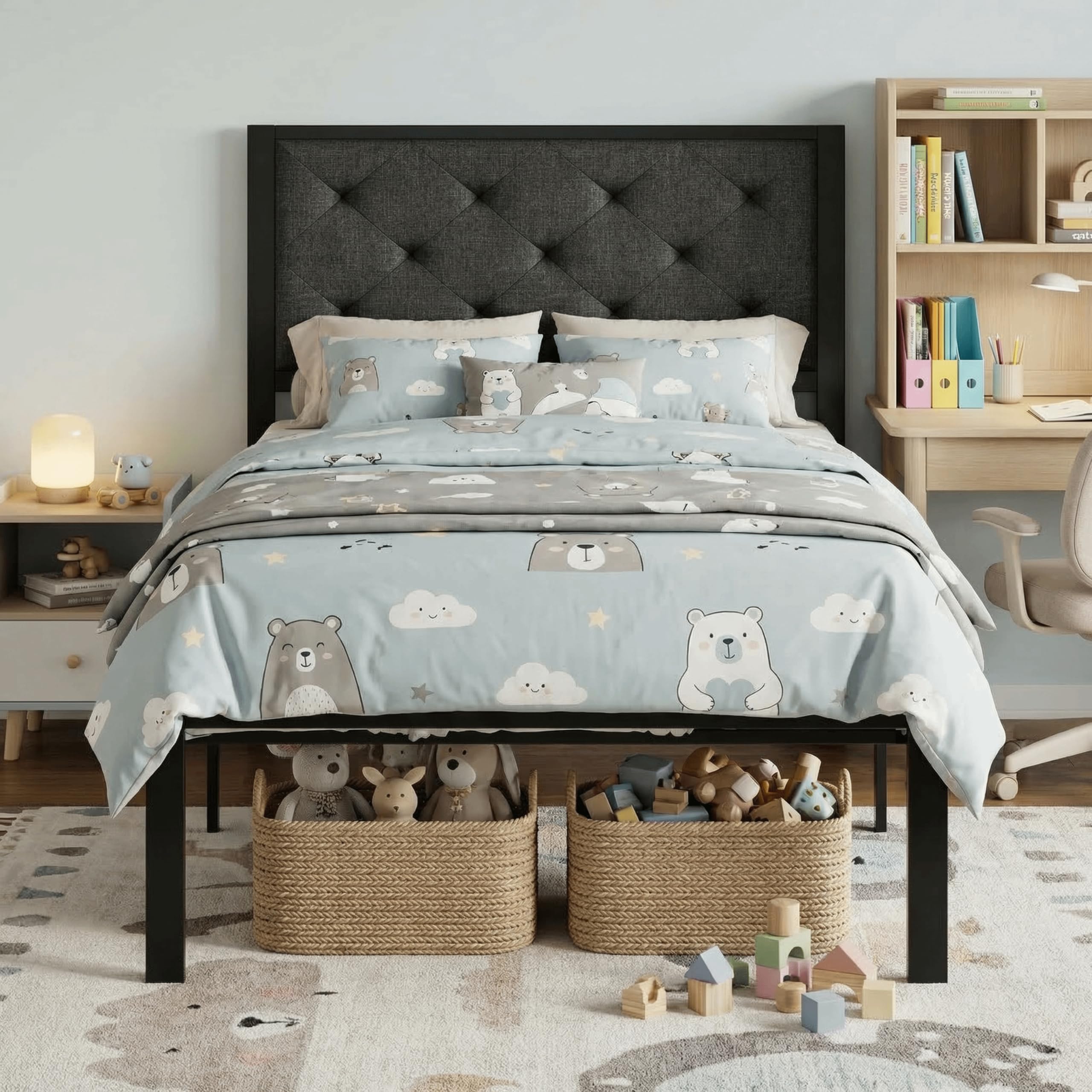 Twin Size Metal Platform Bed Frame,Linen Upholstered Button Tufted Headboard, Mattress Foundation with 12.4” Under-Bed Storage, Noise-Free, Easy Assembly, No Box Spring Needed, Dark Grey