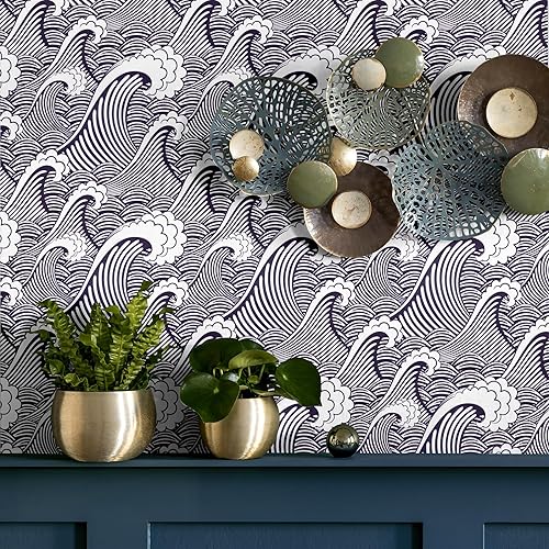 Miniatura 2 de Blooming Wall PS030 - Papel tapiz autoadhesivo con diseño de ondas blancas y azules sin costuras (azul oscuro y blanco)