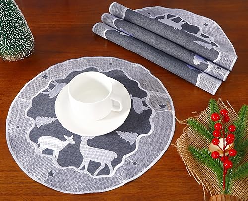 Miniatura 5 de GRANDDECO Juego de 4 manteles individuales redondos bordados con copos de nieve de ciervo blanco y árbol de acebo de Navidad, lavables, para
