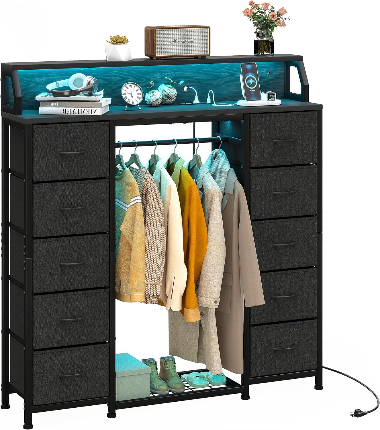 YOSHOOT 51" Dresser with Hanging Rack - Closet Dresser for Bedroom with LED Lights, Chest of Drawers with 10 Fabric Drawers & 2 Open Shelf, White