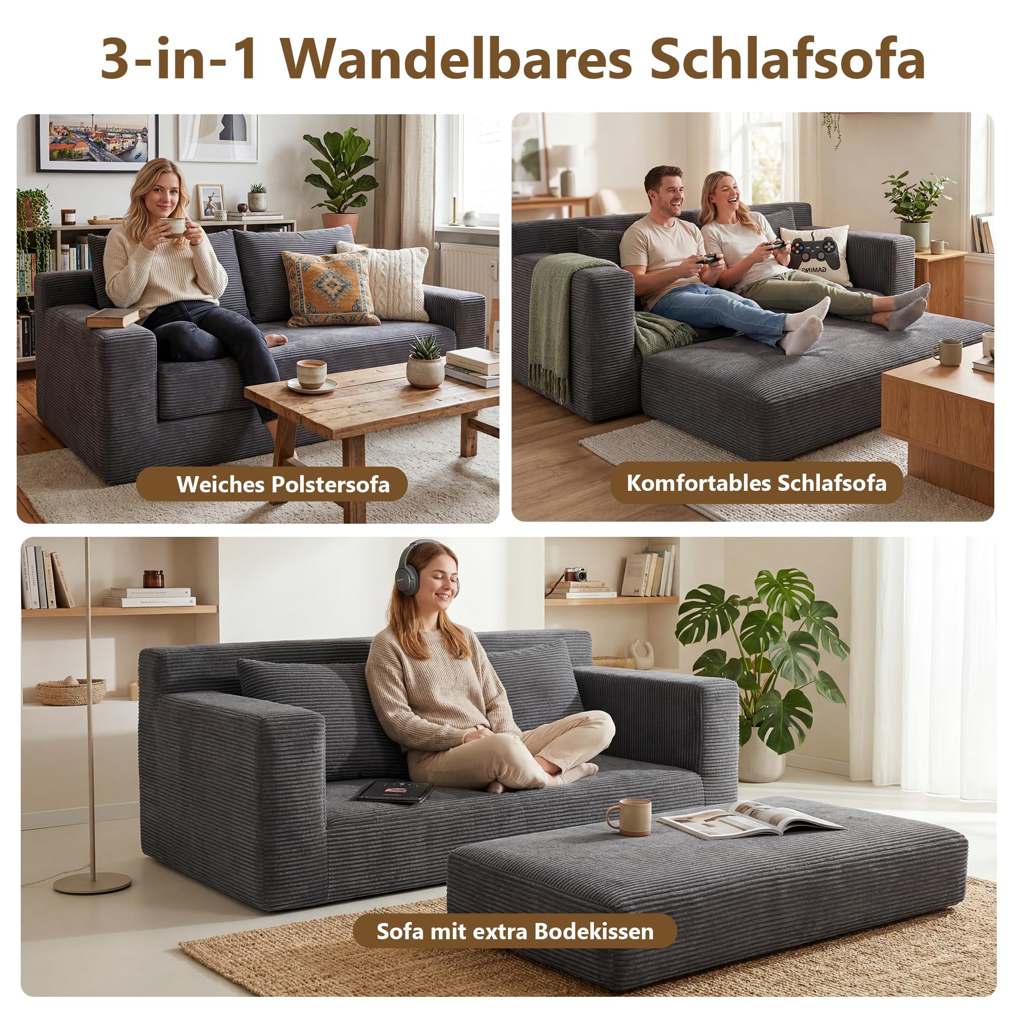 GRAVFORCR Schlafsofa klappbar, Boneless Couch 188cm Dunkelgrau