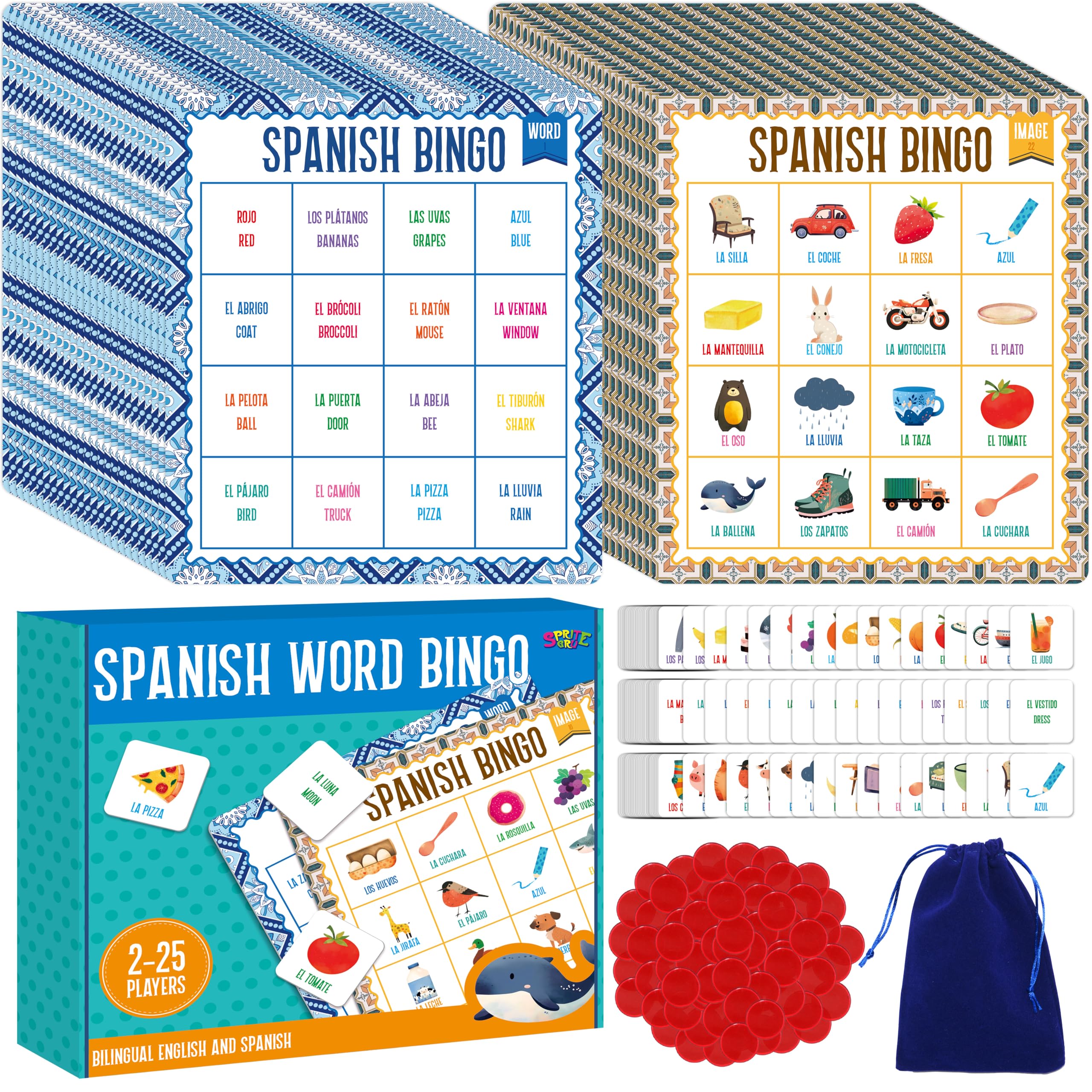 SpriteGru Spanish Bingo Game, 25 Bingo Board Spanish & English Vocabulary Word Game Bilingual Educational Toys for Language Learning - Ages 5 and up (Up to 25 Players)
