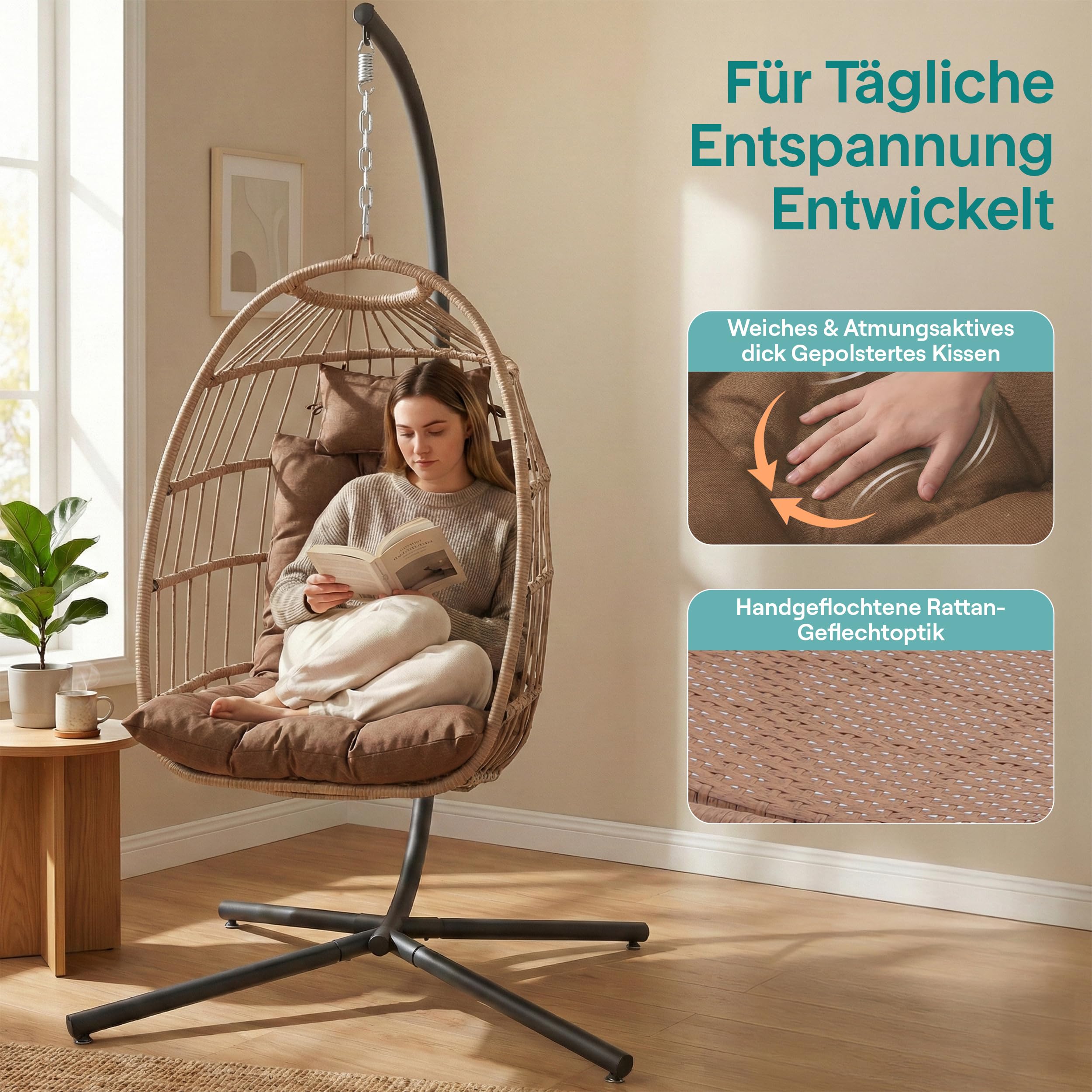 SereneLife Hängesessel mit Gestell 250 kg Braun – Wetterfest Outdoor Egg Chair mit Kissen für Garten Balkon Indoor Lounge Relaxsessel faltbar