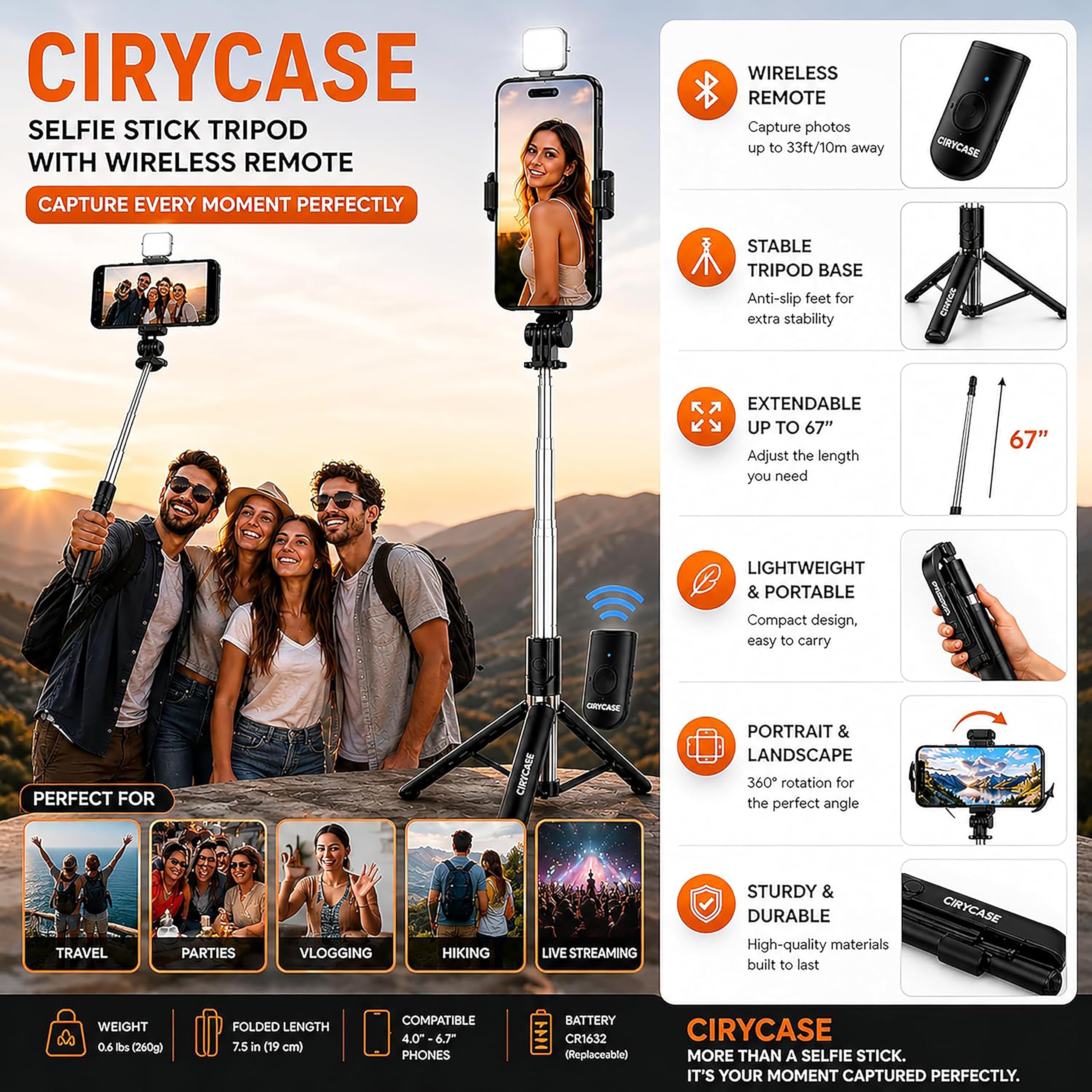 CIRYCASE® Selfie Stick Tripod, 170 cm Reinforced, Bluetooth, Multi-Functional, for iPhone and All Smartphones, Travel and Vlogging — Amazon image 5