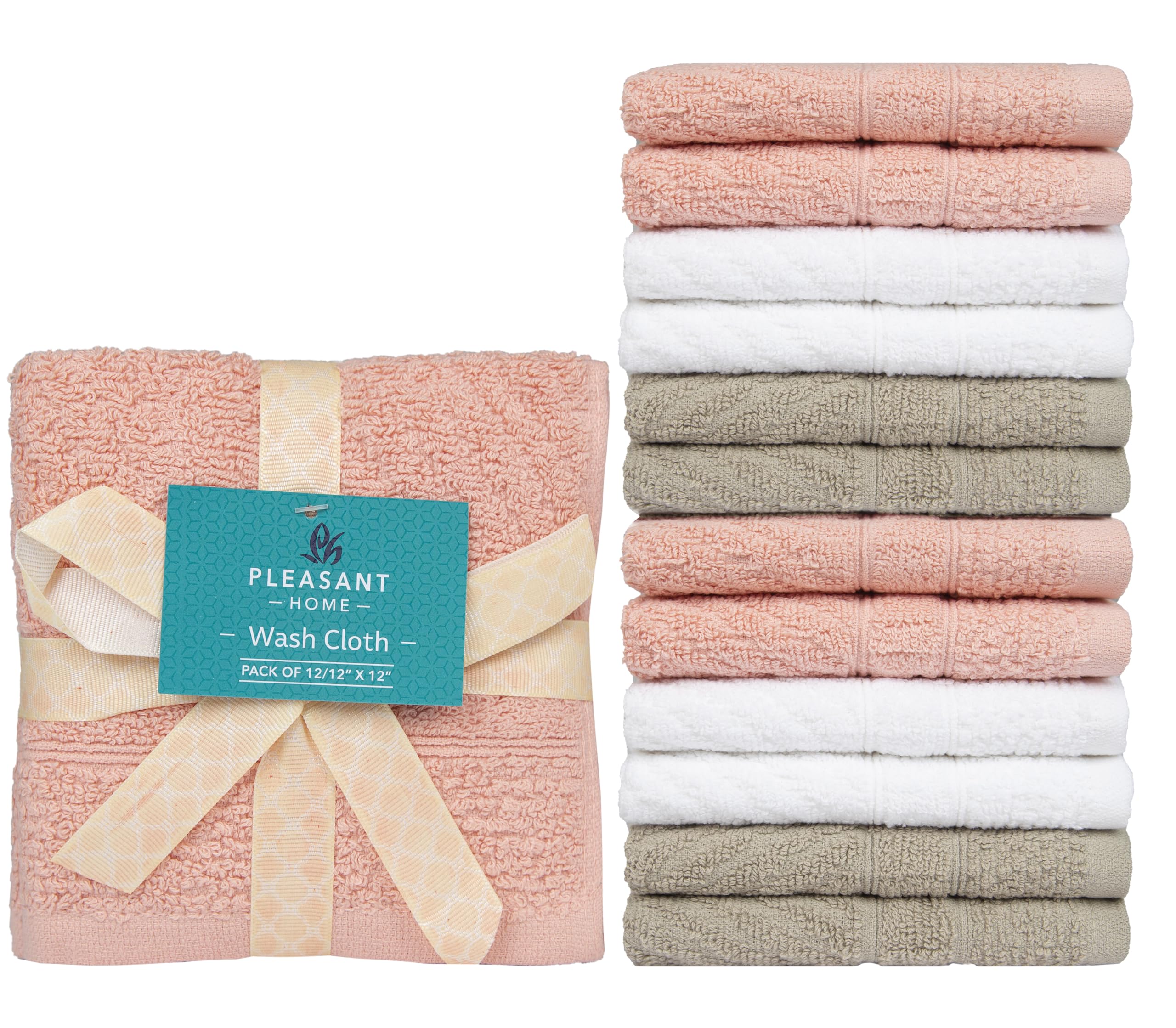 PH Pleasant Home Diagonal Wash Cloths Set - 12 Pack (12” x 12”) – 509 GSM - 100% Ring Spun Cotton Wash Cloth - Super Soft and Highly Absorbent Face Towels (Blush,White &amp; Tan)