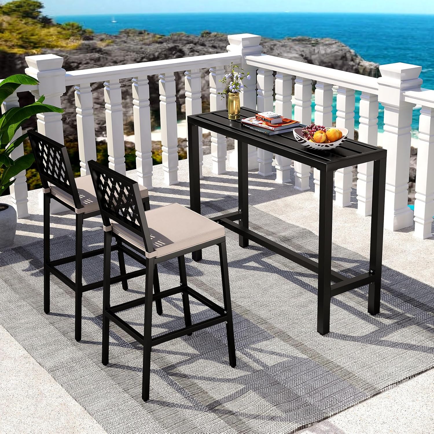 Giantex Outdoor Rectangle Bar Table with Counter Height, Slatted Top & Footrest, Heavy-Duty Metal Frame, 400Lbs Capacity, High Pub Table for Patio, Deck, Yard, Hot Tub, Balcony, Black (48")