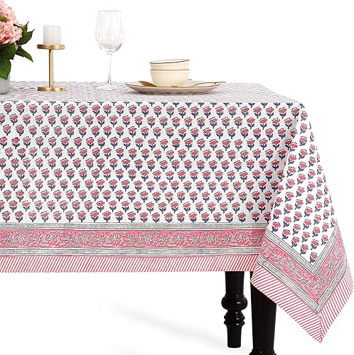 Miniatura 1 de CPC - Mantel rectangular 100% algodón, 72 x 160 pulgadas, estampado de bloques indios, mantel rosa para bodas, primaveraverano, barbacoa, zafiro rosa