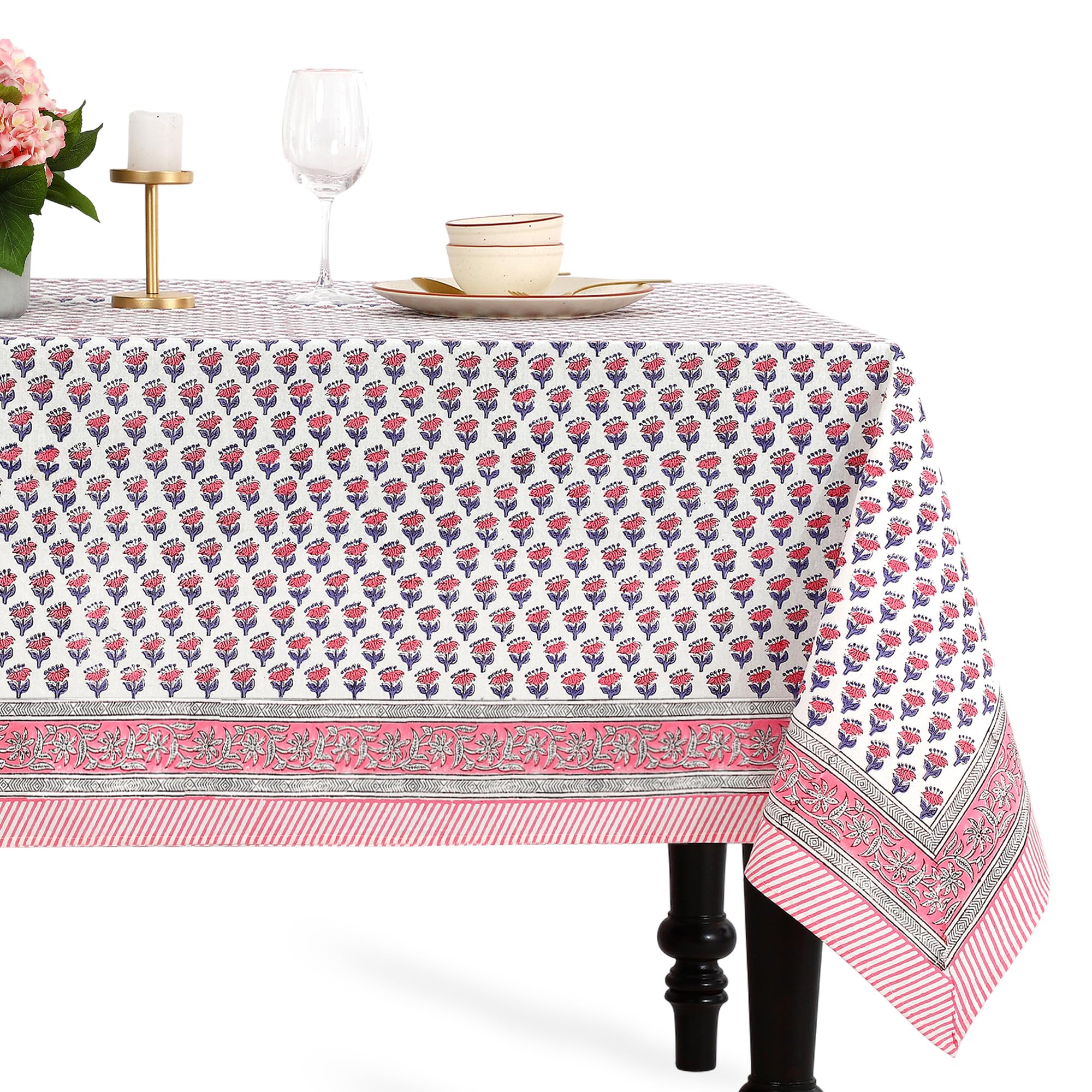 CPC Tischdecke aus 100% Baumwolle, 178 x 300 cm, indischer Blockdruck, rechteckig, waschbar, für Hochzeit, Frühling/Sommer, Grill, Saphirrosa