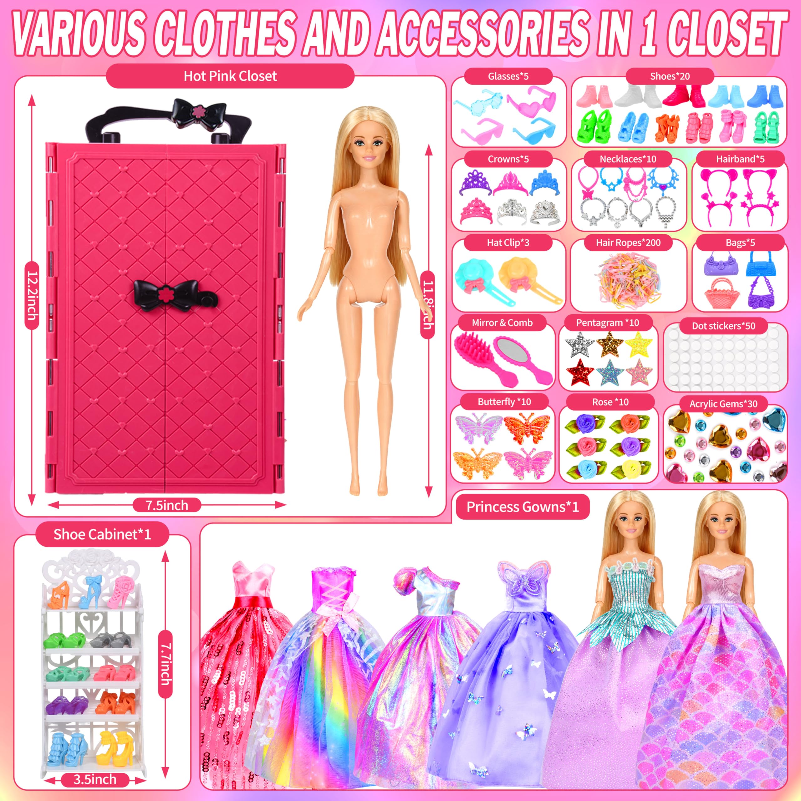 BiiMii 150 Pack Doll Closet Wardrobe Set - 19 Complete Clothes and 131 Pieces Accessories - Wardrobe, Shoes, Necklace, Bags and More for 11.5 Inch Dolls 1