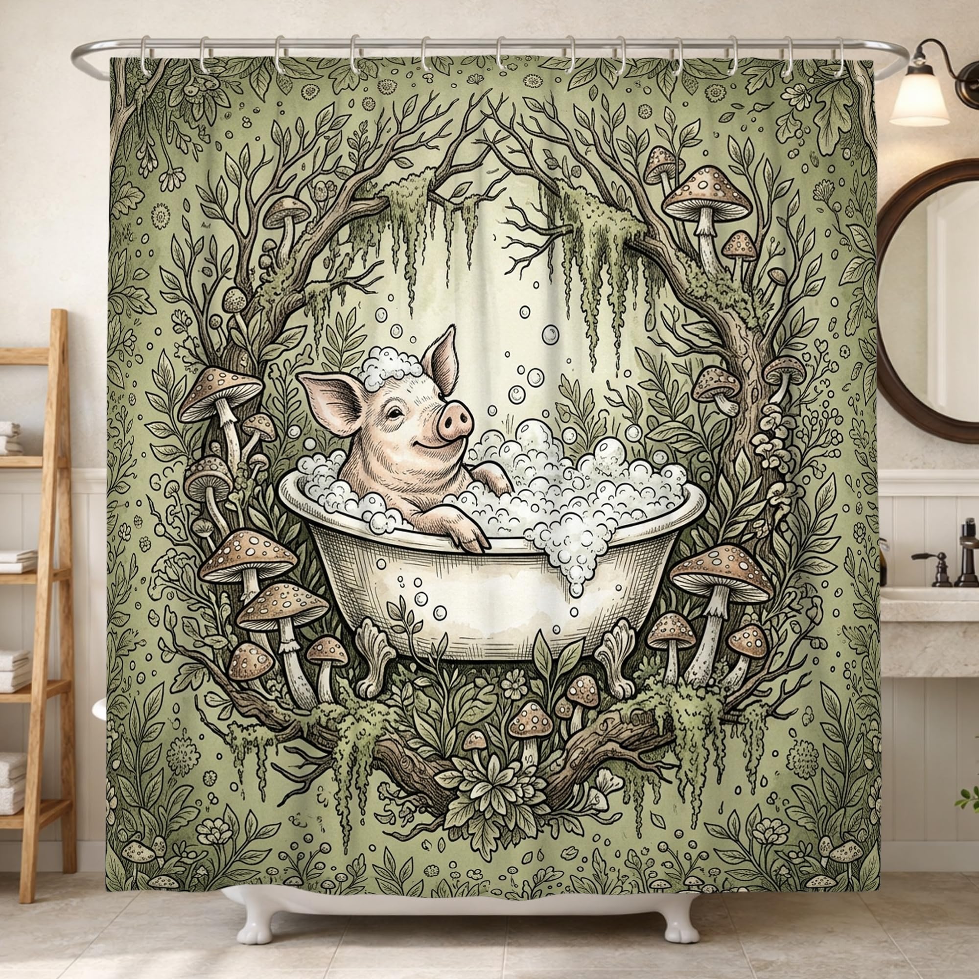 Rideau de douche nature et champignons pour décoration de chambre d'amis