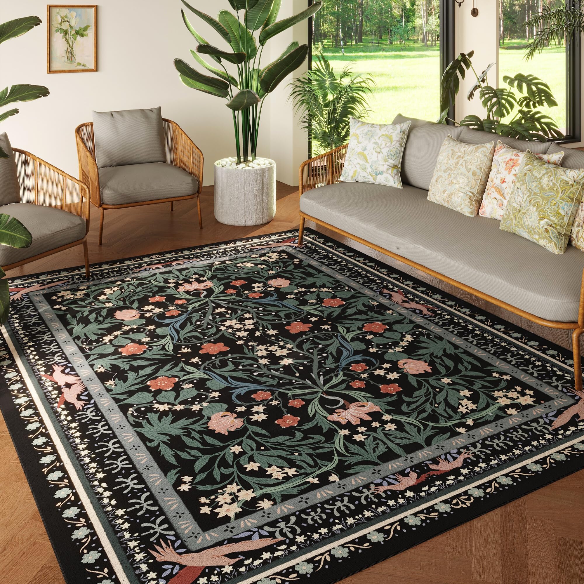 Vowkten 5x7 Washable Rug Vintage Floral Botanical Area Rug Non Slip Low Pile Large Rugs for Living Room, Bedroom, Farmhouse, Dining Room, Kids