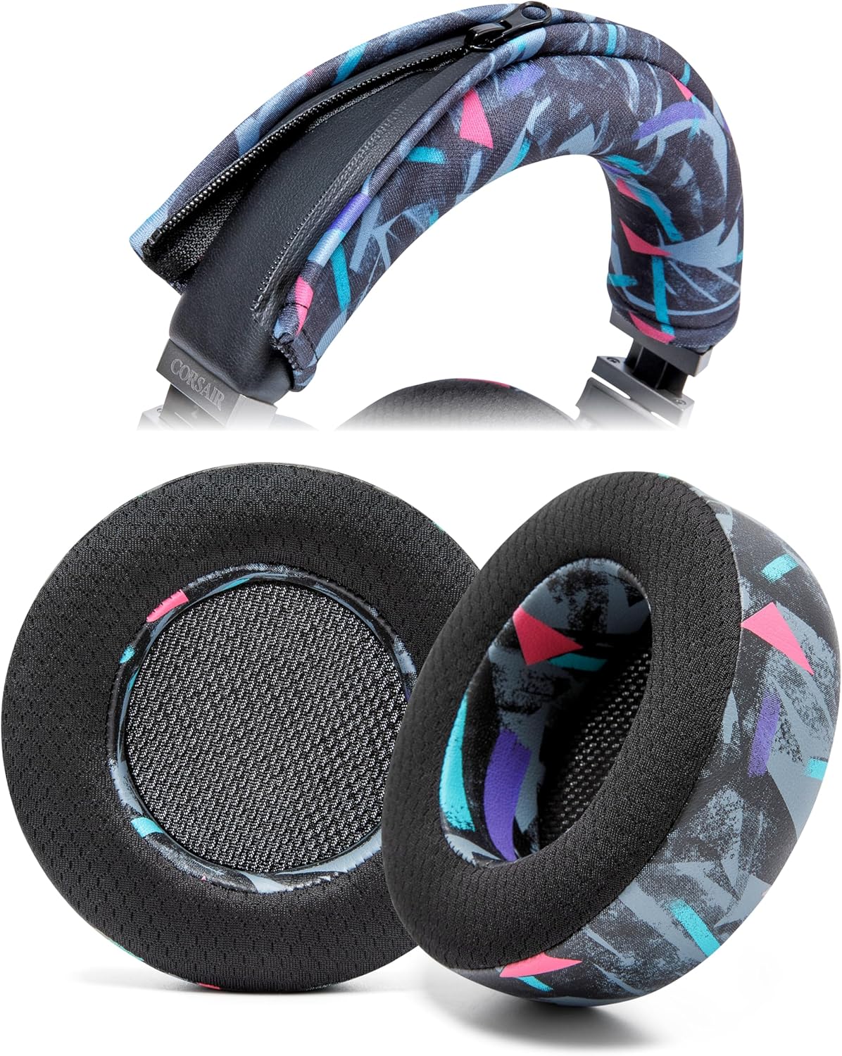 WC Earpads and Headband Cover for Corsair Virtuoso Gaming Headsets - Cooling Gel Earpads & Matching Headband Cover for Epic Gaming | 90's Black