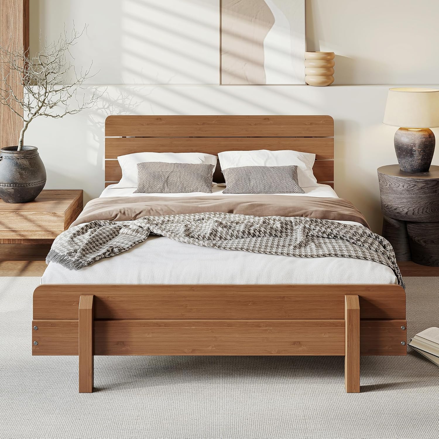 Harper & Bright Designs Wood Bed Frame Full with Headboard, Low Platform Bed with Sturdy Slats Support, Rustic Style, Easy Assembly, Brown