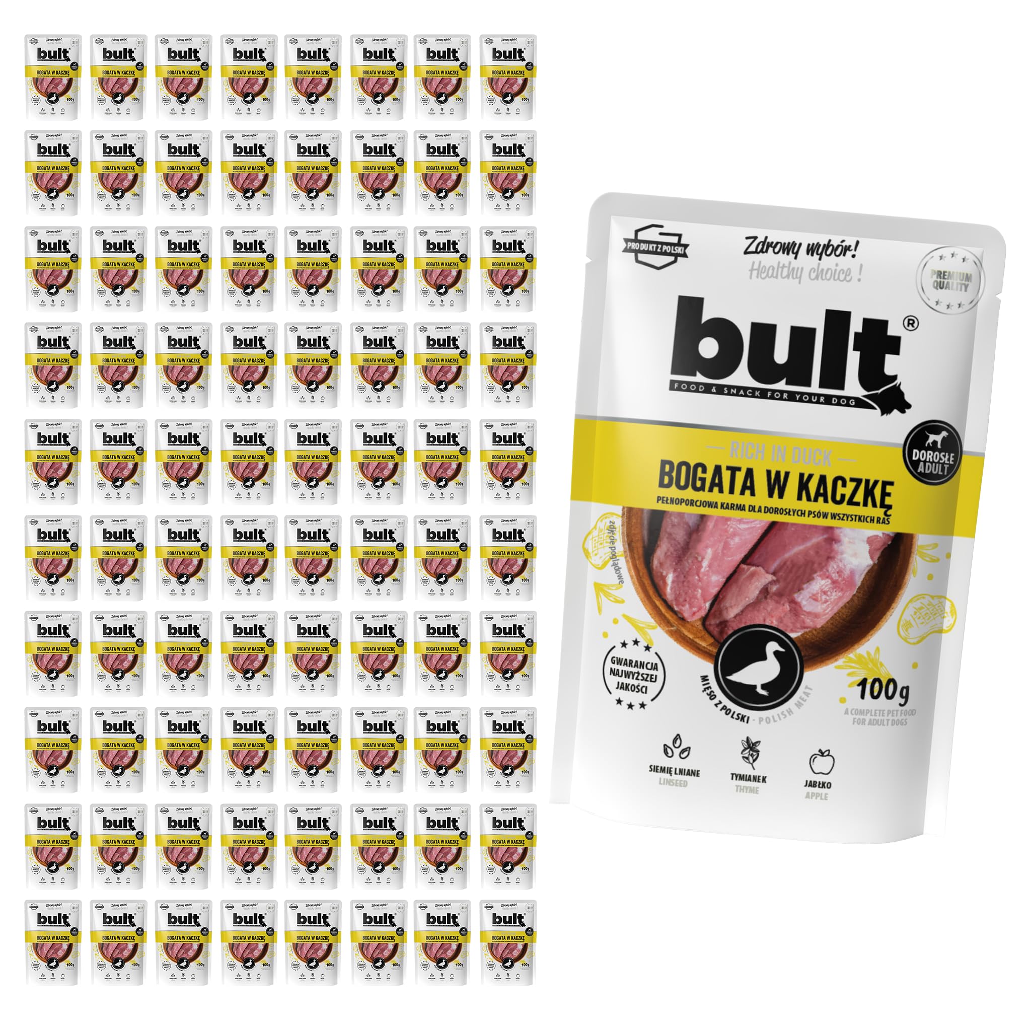 BULT Nassfutter für Hunde im Frischebeutel 80x100g Ente | 75% tierische Bestandteile, 20% Ente, ohne künstliche Farb-, Aroma- und Konservierungsstoffe, mit Apfel