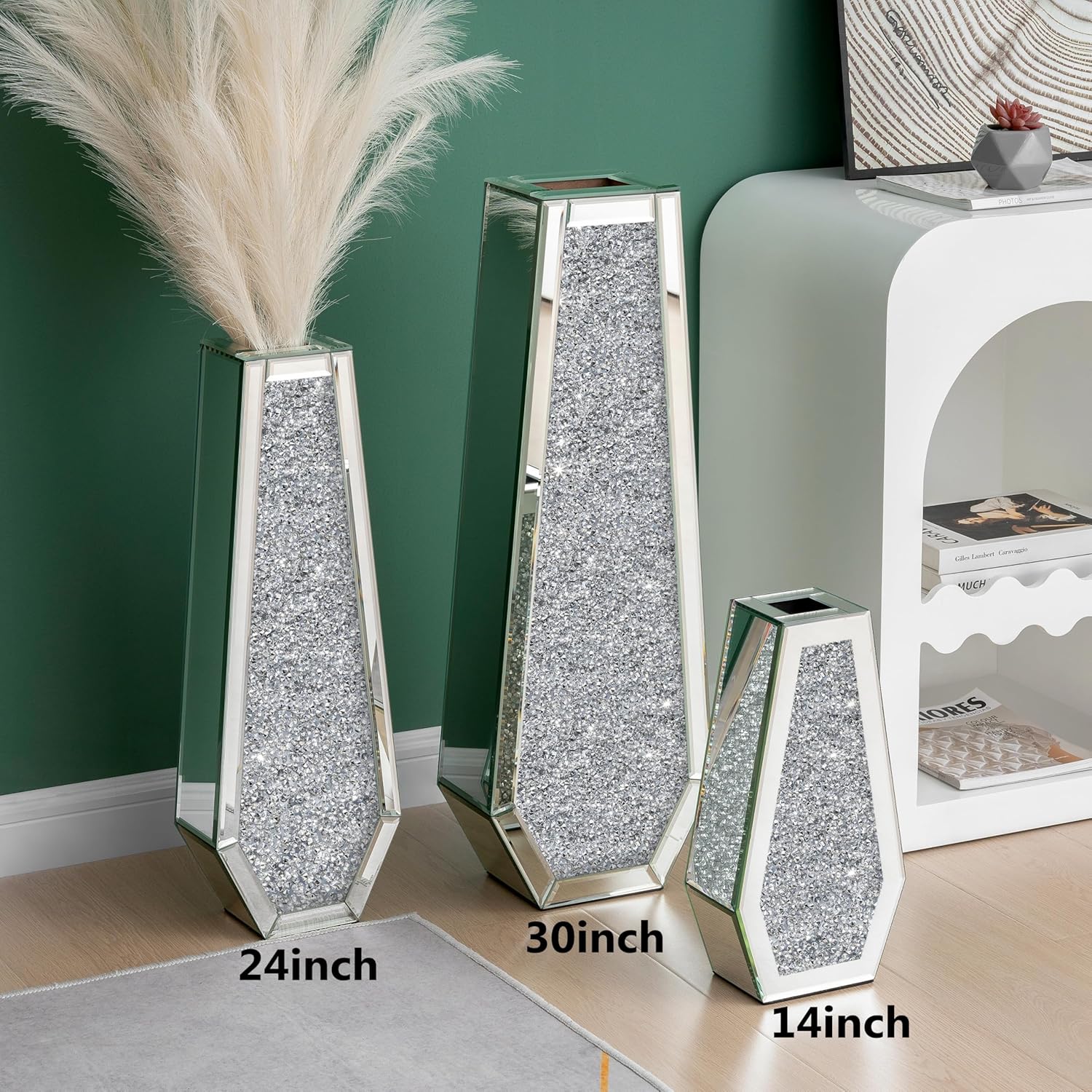 SHYFOY 30" Floor Vase Crushed Diamond Mirrored Vase Silver Tall Vases for Floor, Large Crystal Glass Decorative Floor Vases for Living Room Office Corner Hallway Home Decor