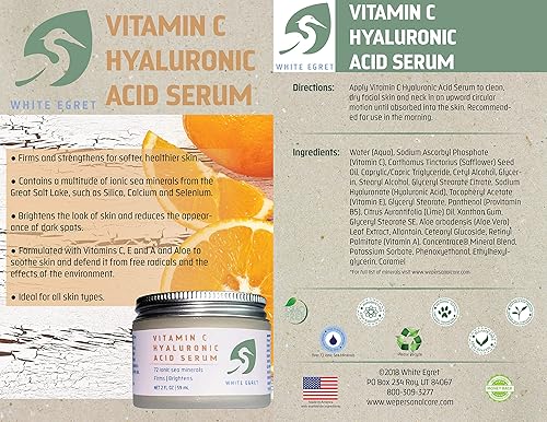 Miniatura 8 de White Egret Ácido hialurónico con vitamina C, 72 minerales iónicos del Great Salt Lake para reafirmar e iluminar la piel, 2 onzas líquidas