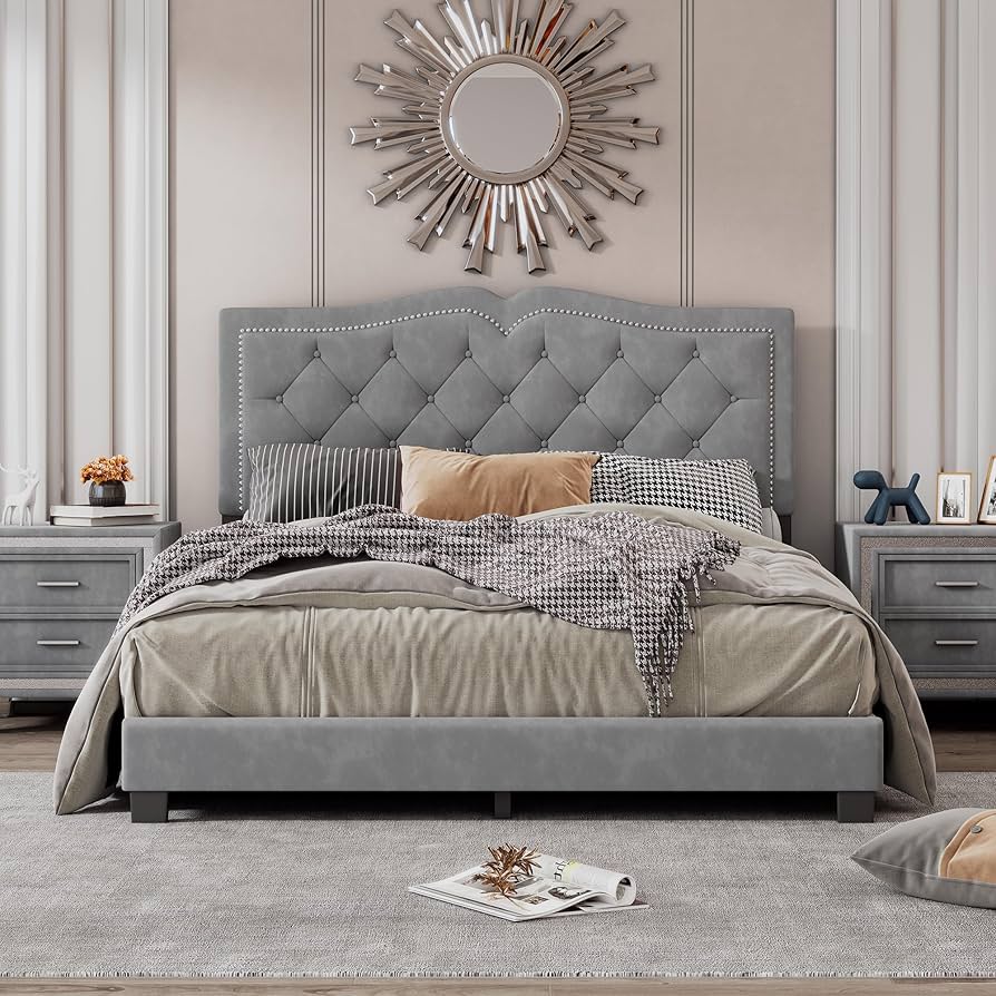 Amazon.com: SIYSNKSI Modern Queen Size Upholstered Bed, Velvet Upholstered Platform Bed with Tufted Headboard and Wood Slats Support for Kids Teens Adult Bedroom (Gray-Queen-58) : Home & Kitchen