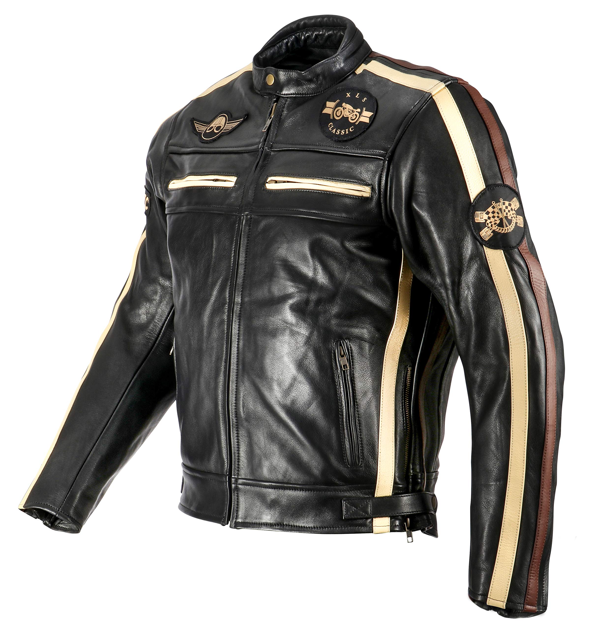 XLS Motorradjacke Classic One für Herren schwarz aus Leder Retro Bikerjacke herausnehmbares Thermofutter
