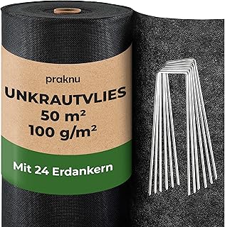 Praknu Weed Control Fabric 100 g/m2 50 m2 Weed Control Film with 24 Ground Anchors Water Permeable and Tear-Resistant UV S...