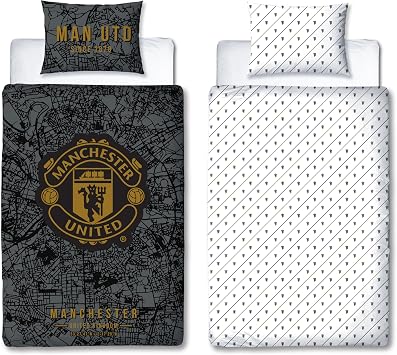 Manchester United FC Officially Licensed Single Duvet Cover Set, Map Design | Black and Grey Reversible 2 Sided Football Bedding Cover Including Matching Pillow Case