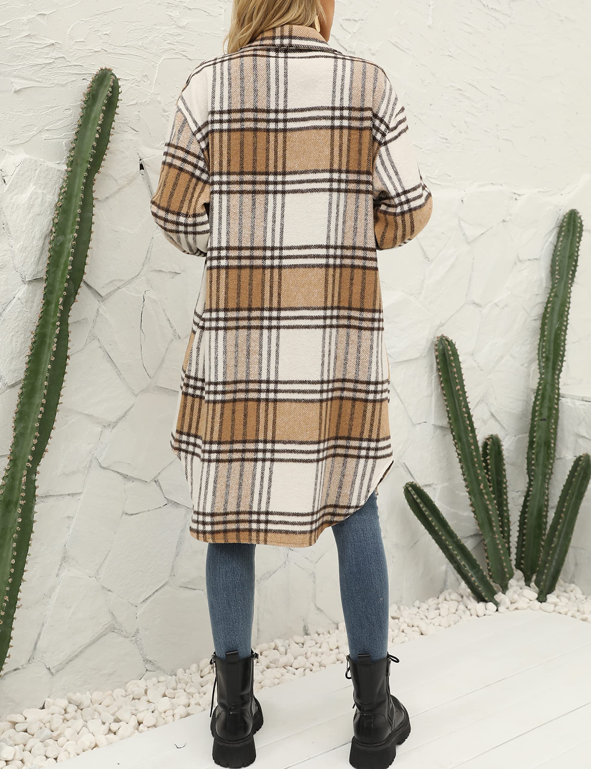 SeekMe Women's Long Plaid Shirt Jacket Shacket Lapel Button Down Woolen Blend Casual Tartan Over Shirt Trench Coat