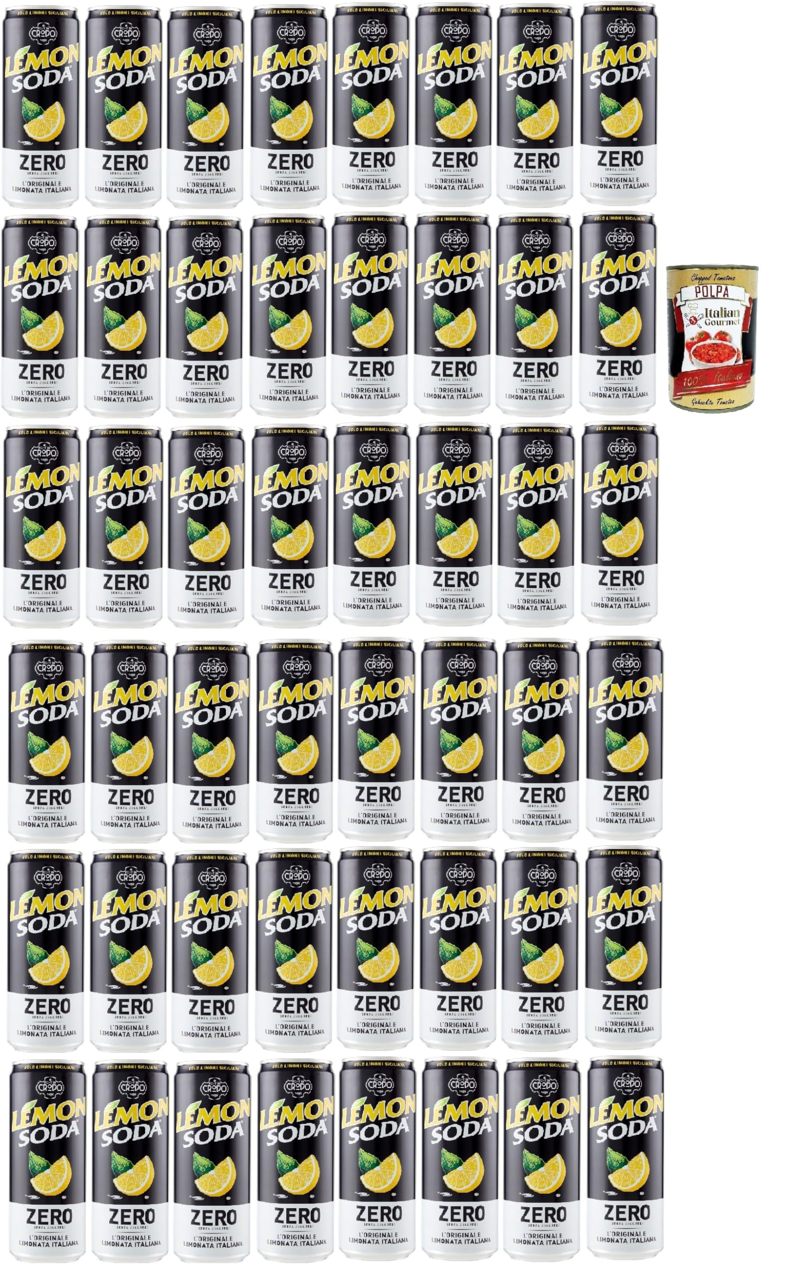 Lemonsoda zero, zéro rafraîchissement de la boisson au citron limonade, sans sucre ajouté, boisson gazeuse italienne à aromatisation au citron, sans sucre, 48x 33cl + Italian Gourmet polpa 400g