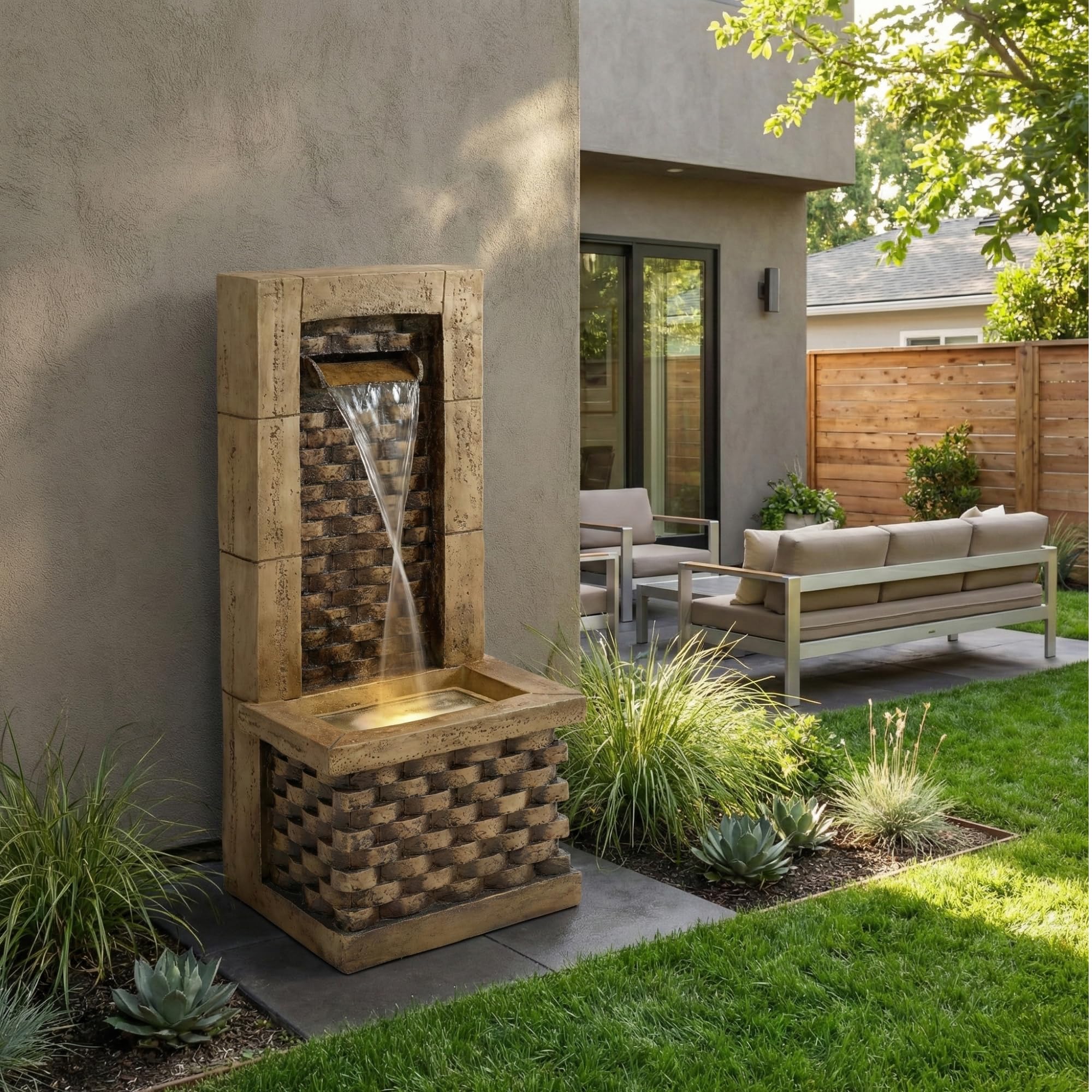 Gartenbrunnen für Außen im Antik-Stil mit LED – Springbrunnen aus Harz mit Wasserfall, Zierbrunnen für Terrasse & Balkon, authentische Steinoptik in Antique Brown