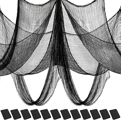 Riare Paquete de 12 paños espeluznantes negros de Halloween de 30 x 75 pulgadas, tela espeluznante de gasa negra para fiesta de Halloween, casa