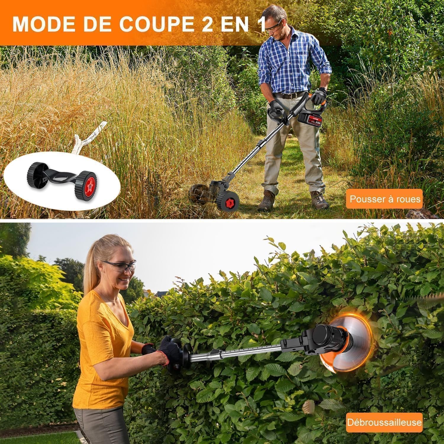 Débroussailleuses Electrique sans Fil, Coupe Bordures sans Fil a 2 21V 4.0Ah Batterie et Chargeur Rapide & 4 Types Lames, Debrouissalleuses a Batterie pour Tondre Les Pelouses du Jardin Pelouse Ferme