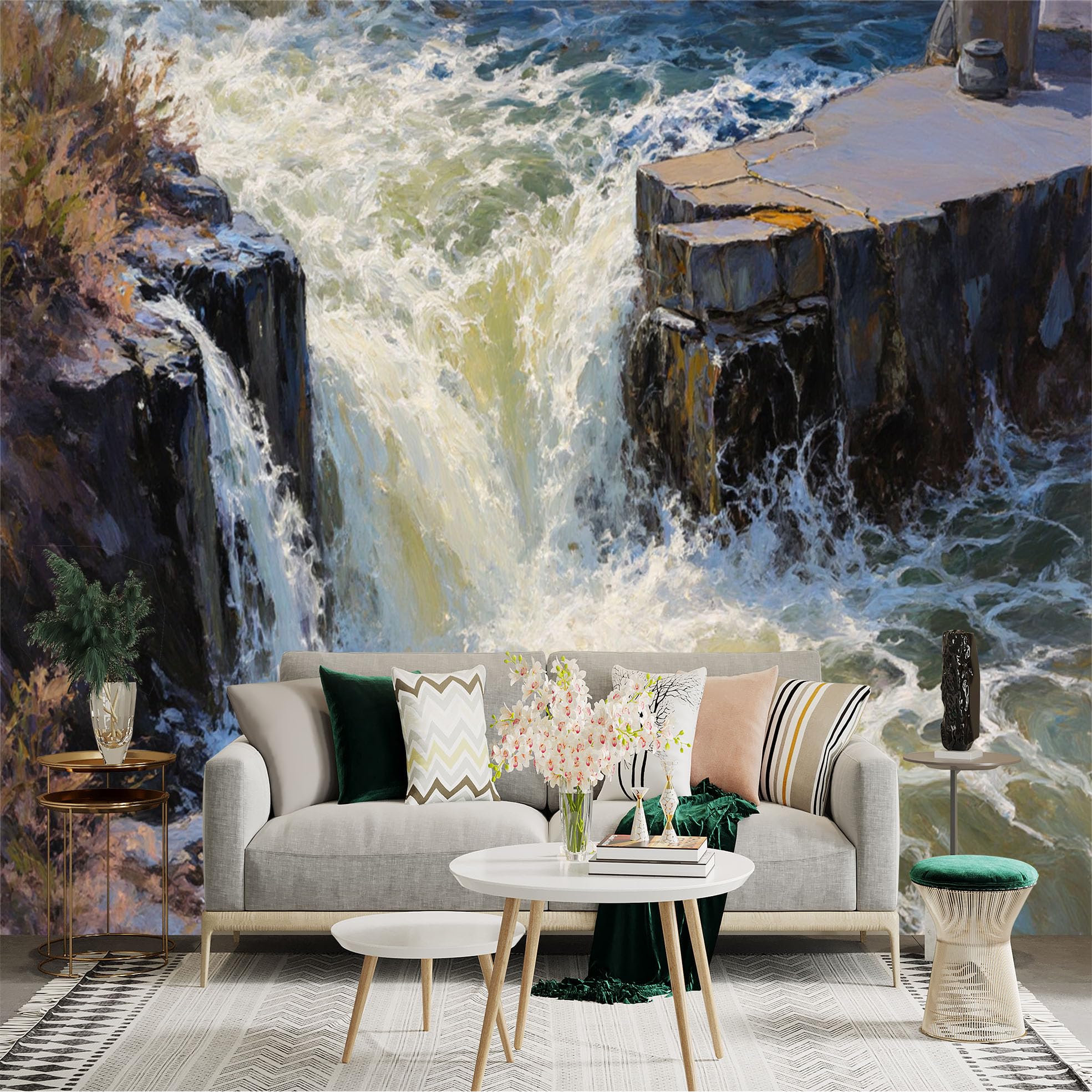Custom Size Wall Sticker Mural， Flowing Waterfall with Rocky Cliff and Splashing Waves， for wall Decoration， peelandstick wall Decals.
