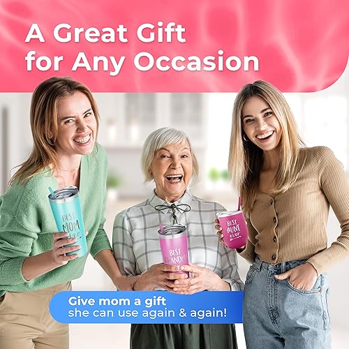 Miniatura 8 de Vaso personalizado de acero inoxidable con la frase "Best Aunt Ever", taza aislada con bonito diseño, tapa de cierre deslizante con pajilla, para