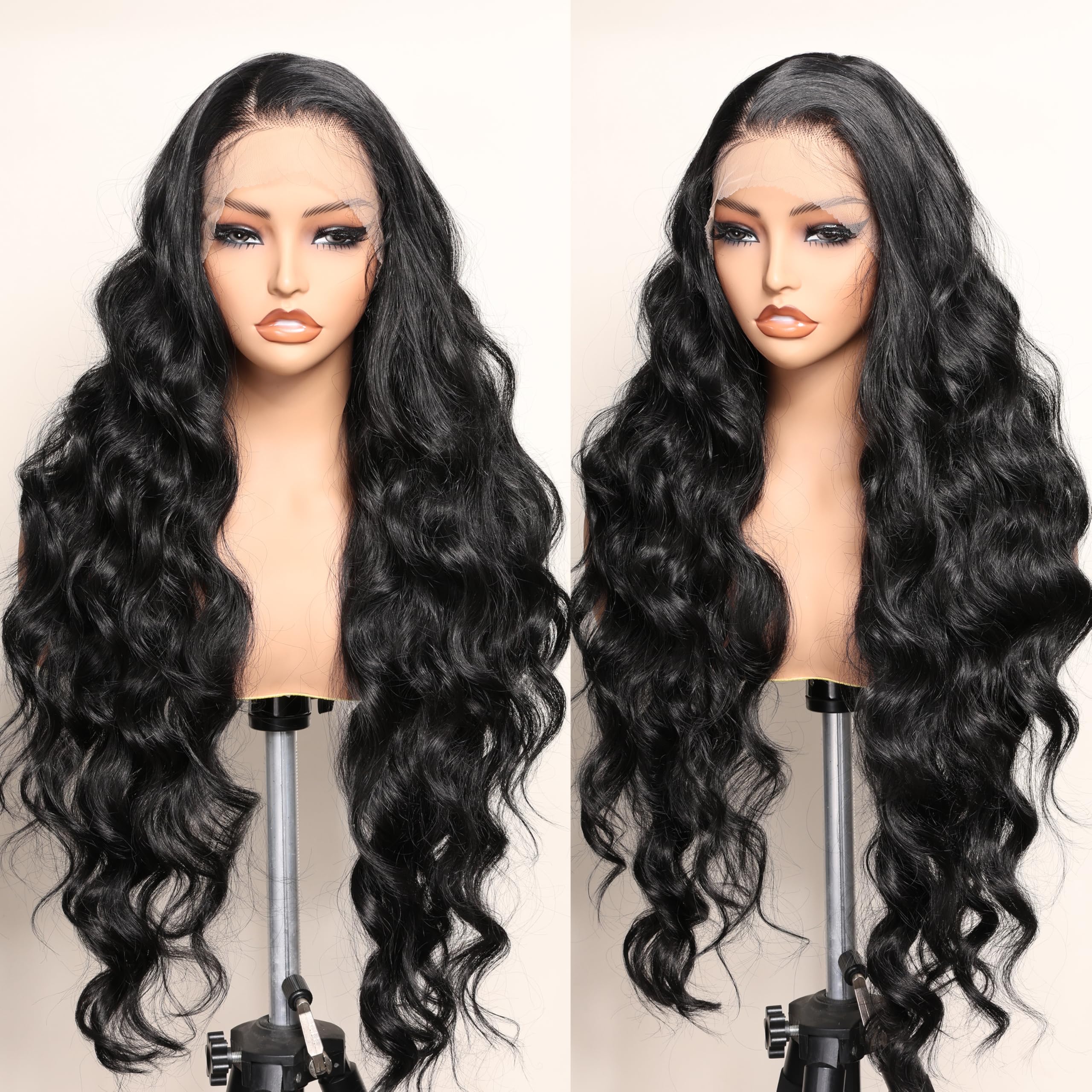SOKU Black 13x6 Lace Frontal Wig 32 Inches Long Lightweight Body Wave Pre Plucked Hairline with Baby Hair Transparent Swiss Lace Heat Resistant