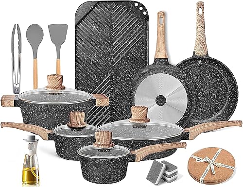 Wakatipu Juego de 20 ollas y sartenes, juegos de utensilios de cocina antiadherentes, sartenes de granito para cocinar mármol piedra esencial de