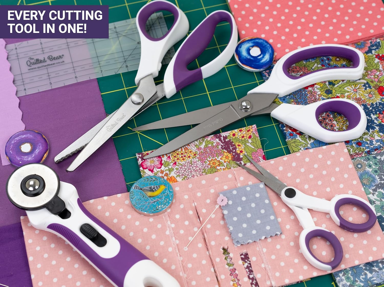 The Quilted Bear Ultimate Cutting Set – 4 Rotary Cutters (18mm–60mm), Fabric Scissors, Pinking Shears & Micro-Tip Scissors in Storage Case – Precise, Versatile Quilting & Sewing Supplies