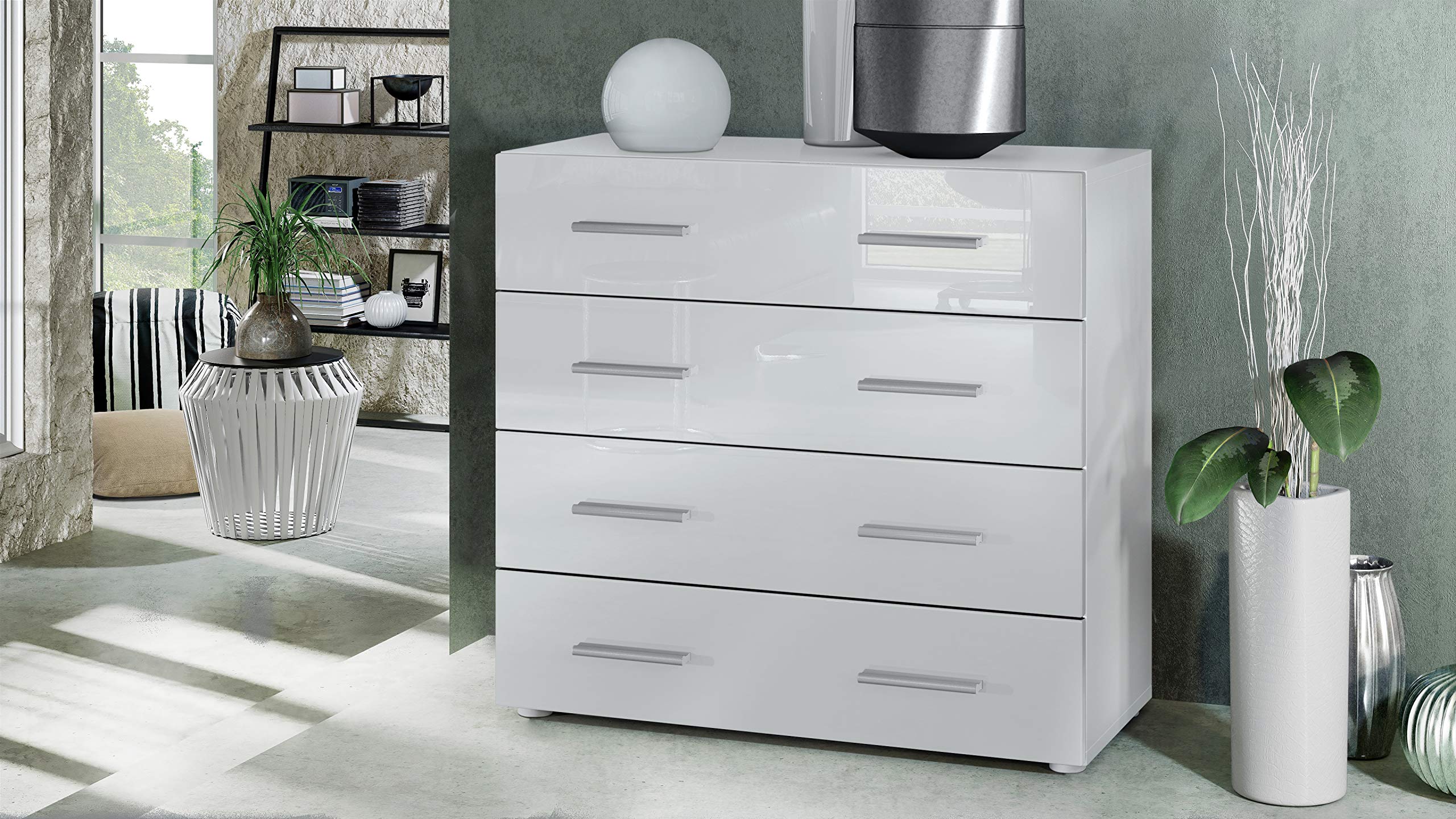 Buffet Rova V1 - Meuble Avec 4 Portes Et 4 Tiroirs, Blanc Mat/crème Haute Brillance  138,5 X 75 5 X 35